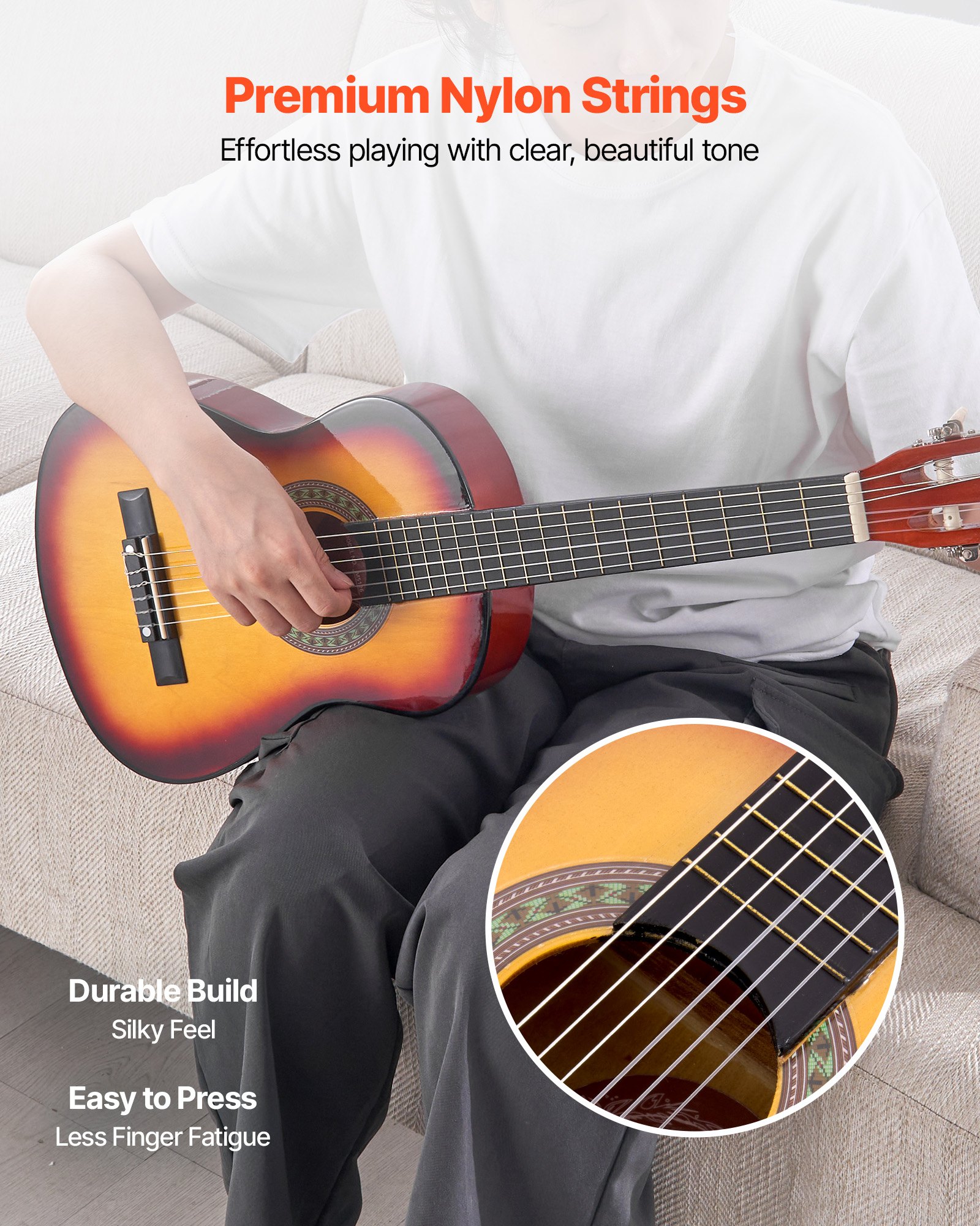 VEVOR Guitarra Clásica, Kit de Guitarra Clásica de Madera de 780 mm con Cuerdas de Nailon, Funda, Correa, Afinador, Cuerdas Adicionales, Púas, Cejilla, Madera de Tilo, Color del Amanecer