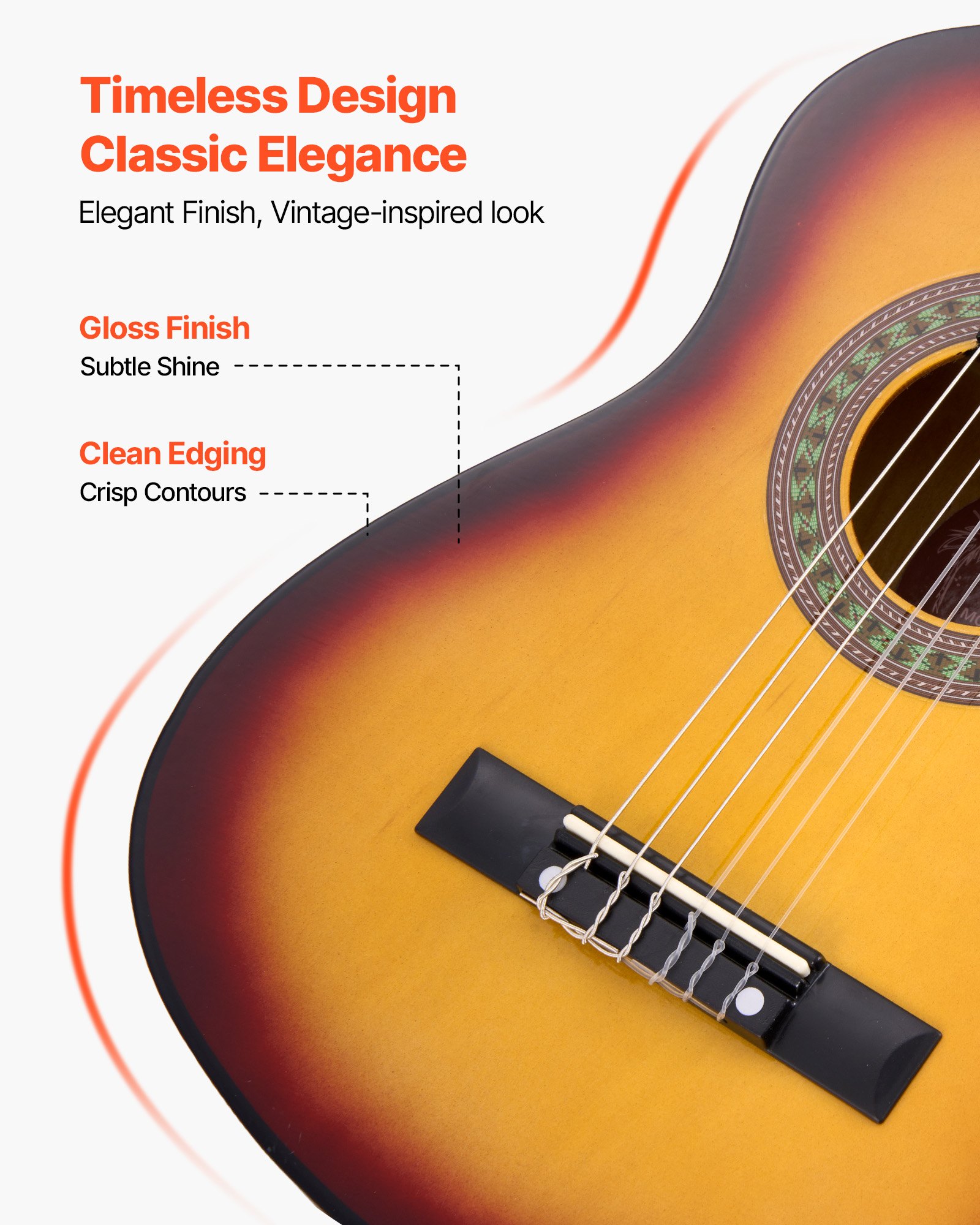 VEVOR Guitarra Clásica, Kit de Guitarra Clásica de Madera de 780 mm con Cuerdas de Nailon, Funda, Correa, Afinador, Cuerdas Adicionales, Púas, Cejilla, Madera de Tilo, Color del Amanecer