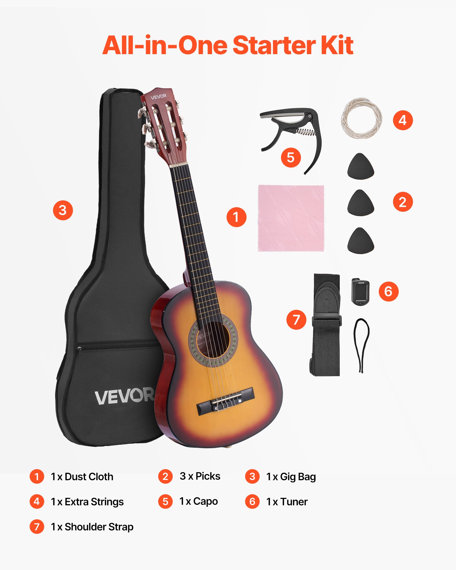 VEVOR Guitarra Clásica, Kit de Guitarra Clásica de Madera de 780 mm con Cuerdas de Nailon, Funda, Correa, Afinador, Cuerdas Adicionales, Púas, Cejilla, Madera de Tilo, Color del Amanecer