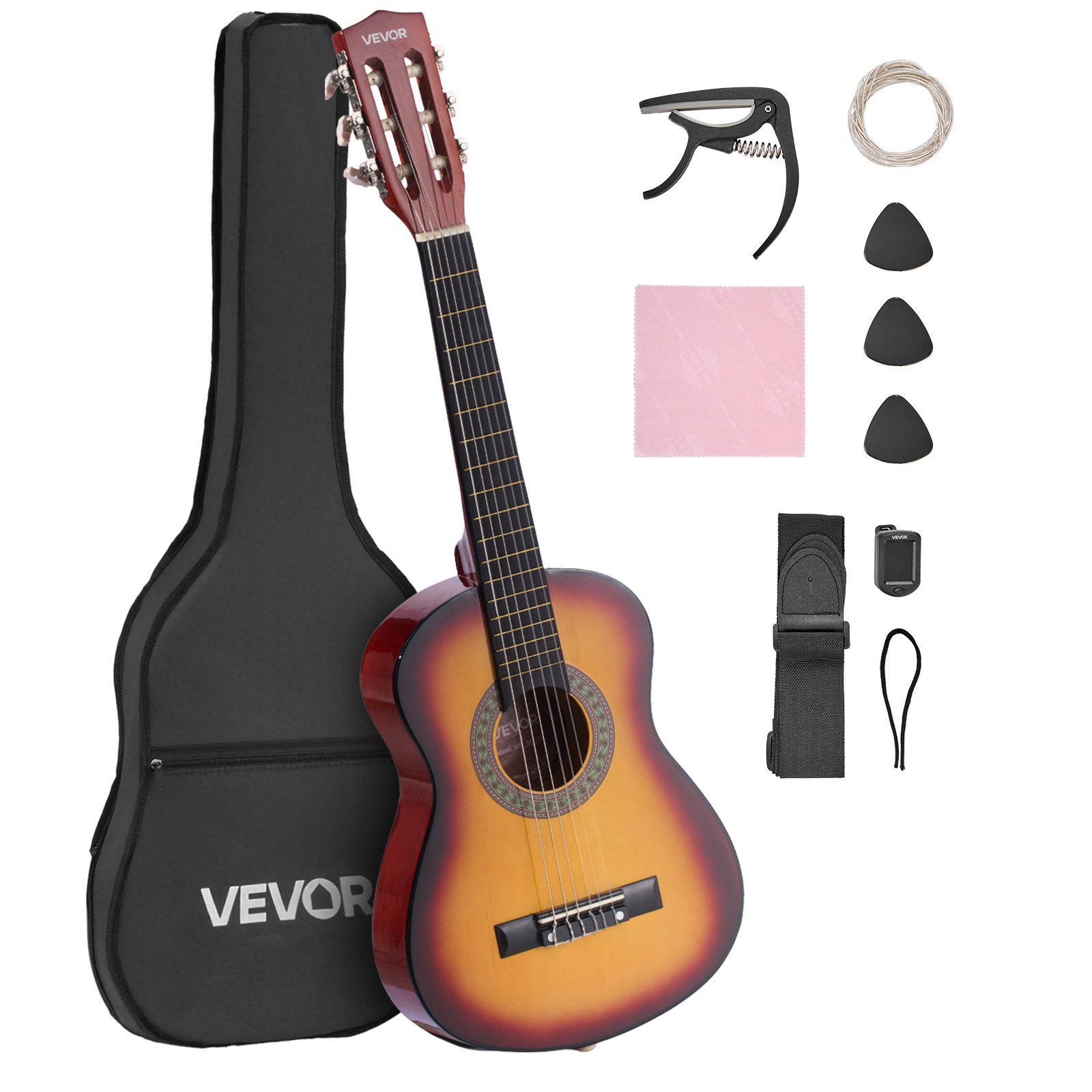 VEVOR Guitarra Clásica, Kit de Guitarra Clásica de Madera de 780 mm con Cuerdas de Nailon, Funda, Correa, Afinador, Cuerdas Adicionales, Púas, Cejilla, Madera de Tilo, Color del Amanecer