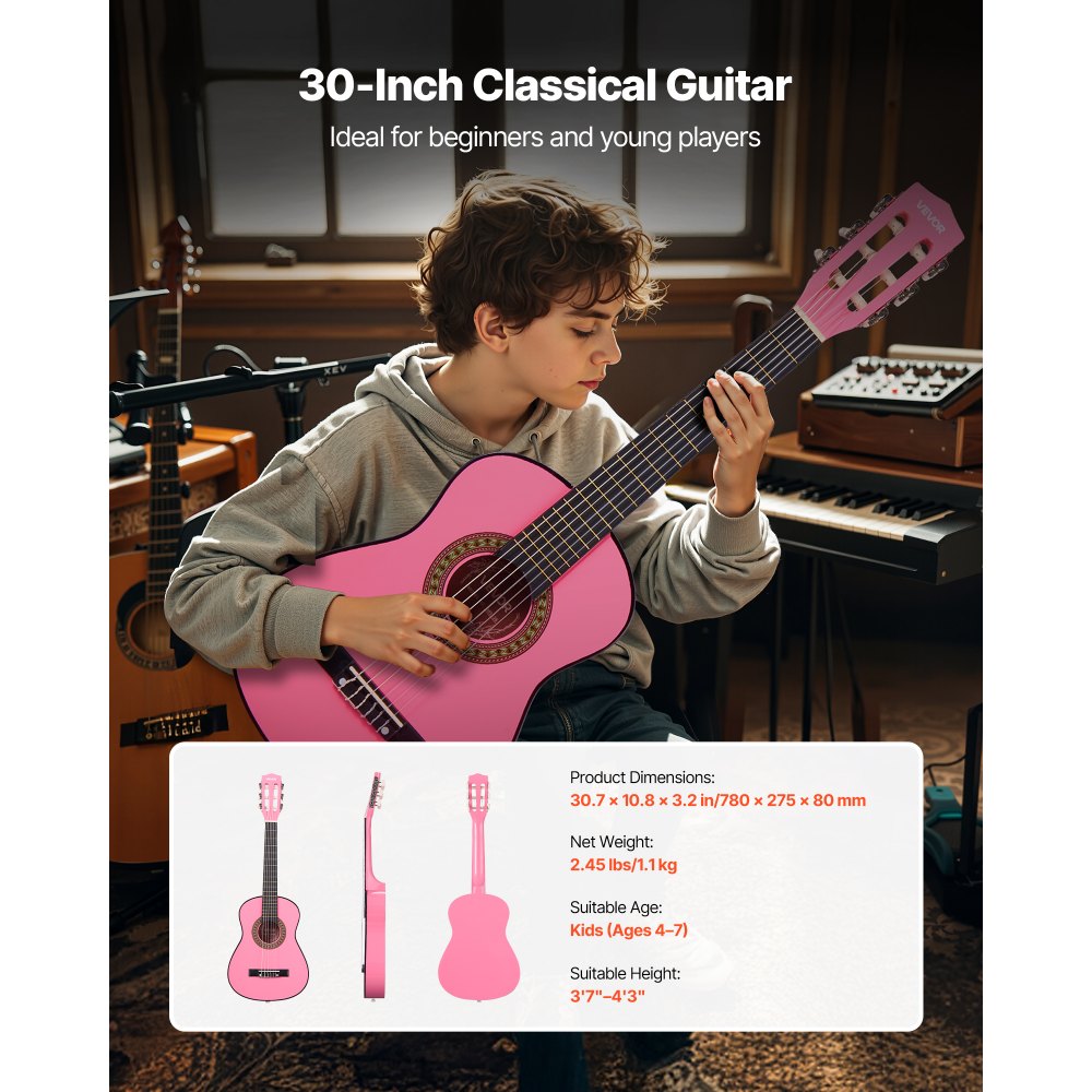 VEVOR Guitarra Clásica, Kit de Guitarra Clásica de Madera de 780 mm con Cuerdas de Nailon, Funda, Correa, Afinador, Cuerdas Adicionales, Púas, Cejilla, Madera de Tilo, para Estudiantes, Rosa