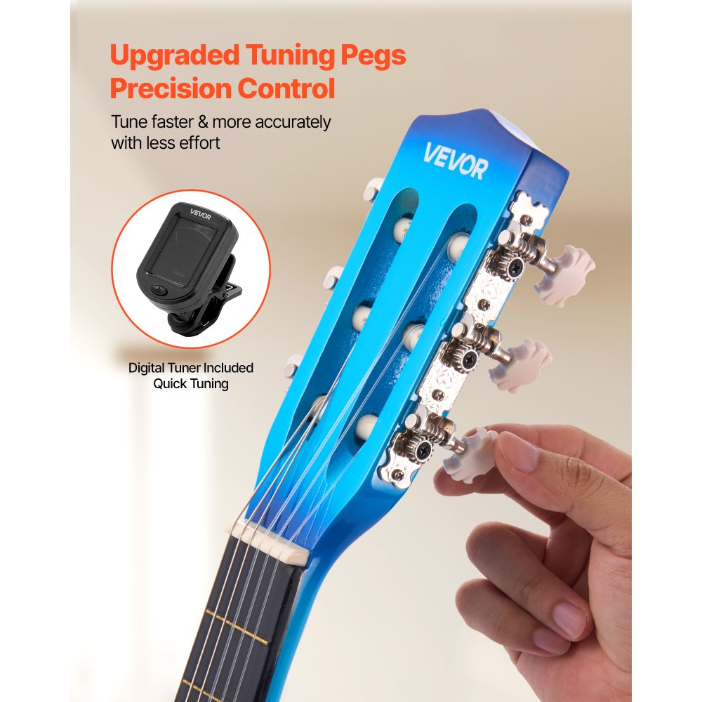 VEVOR Guitarra Clásica, Kit de Guitarra Clásica de Madera de 780 mm con Cuerdas de Nailon, Funda, Correa, Afinador, Cuerdas Adicionales, Púas, Cejilla, Madera de Tilo, para Estudiantes, Azul