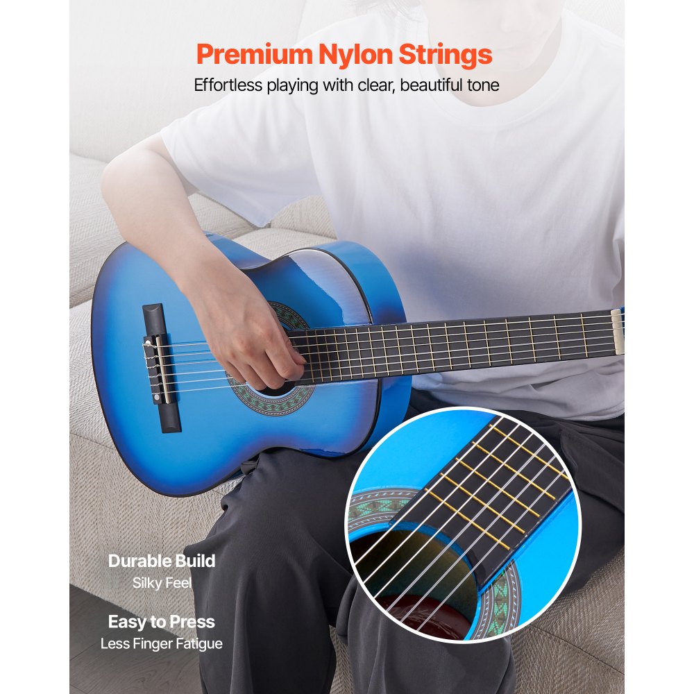 VEVOR Guitarra Clásica, Kit de Guitarra Clásica de Madera de 780 mm con Cuerdas de Nailon, Funda, Correa, Afinador, Cuerdas Adicionales, Púas, Cejilla, Madera de Tilo, para Estudiantes, Azul