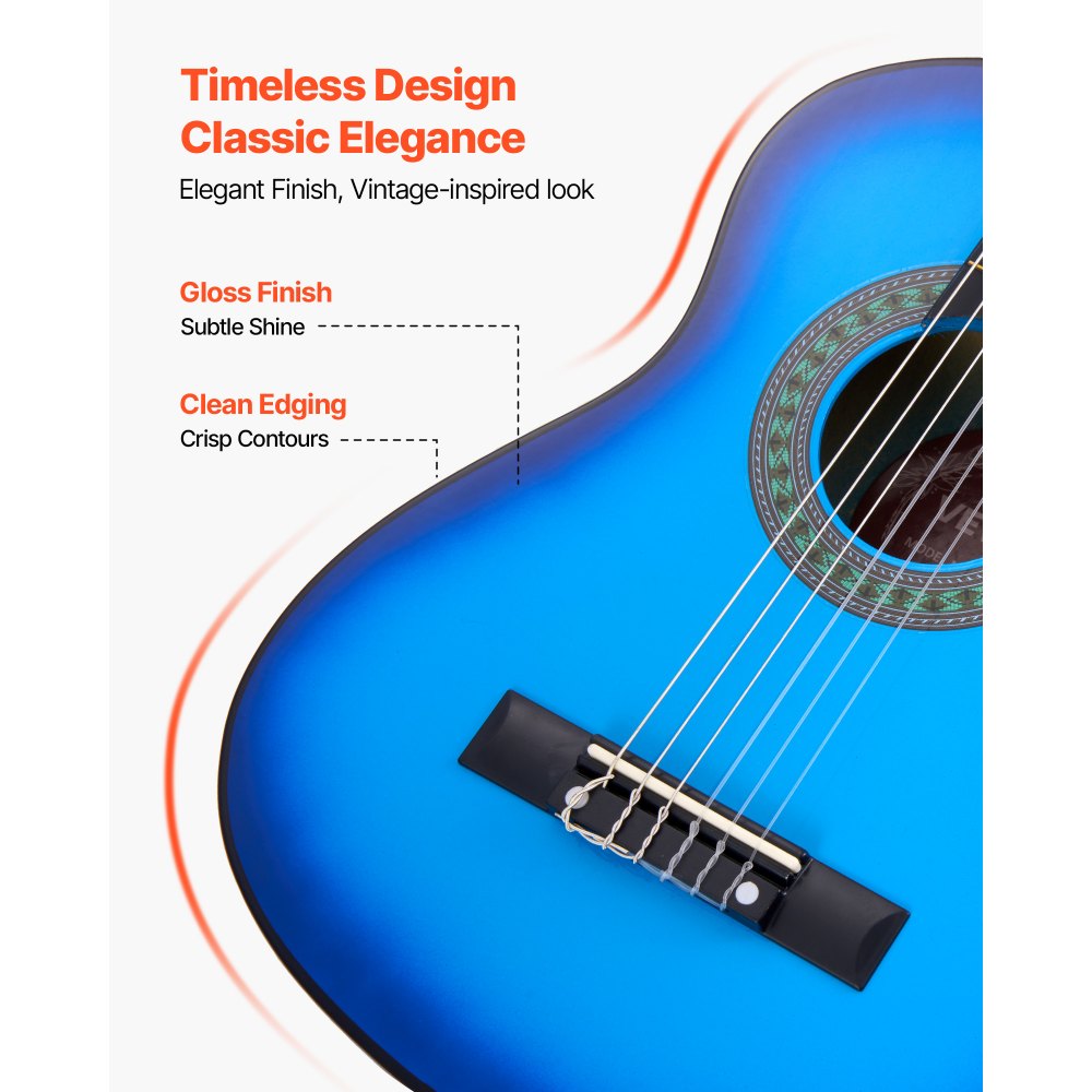 VEVOR Guitarra Clásica, Kit de Guitarra Clásica de Madera de 780 mm con Cuerdas de Nailon, Funda, Correa, Afinador, Cuerdas Adicionales, Púas, Cejilla, Madera de Tilo, para Estudiantes, Azul