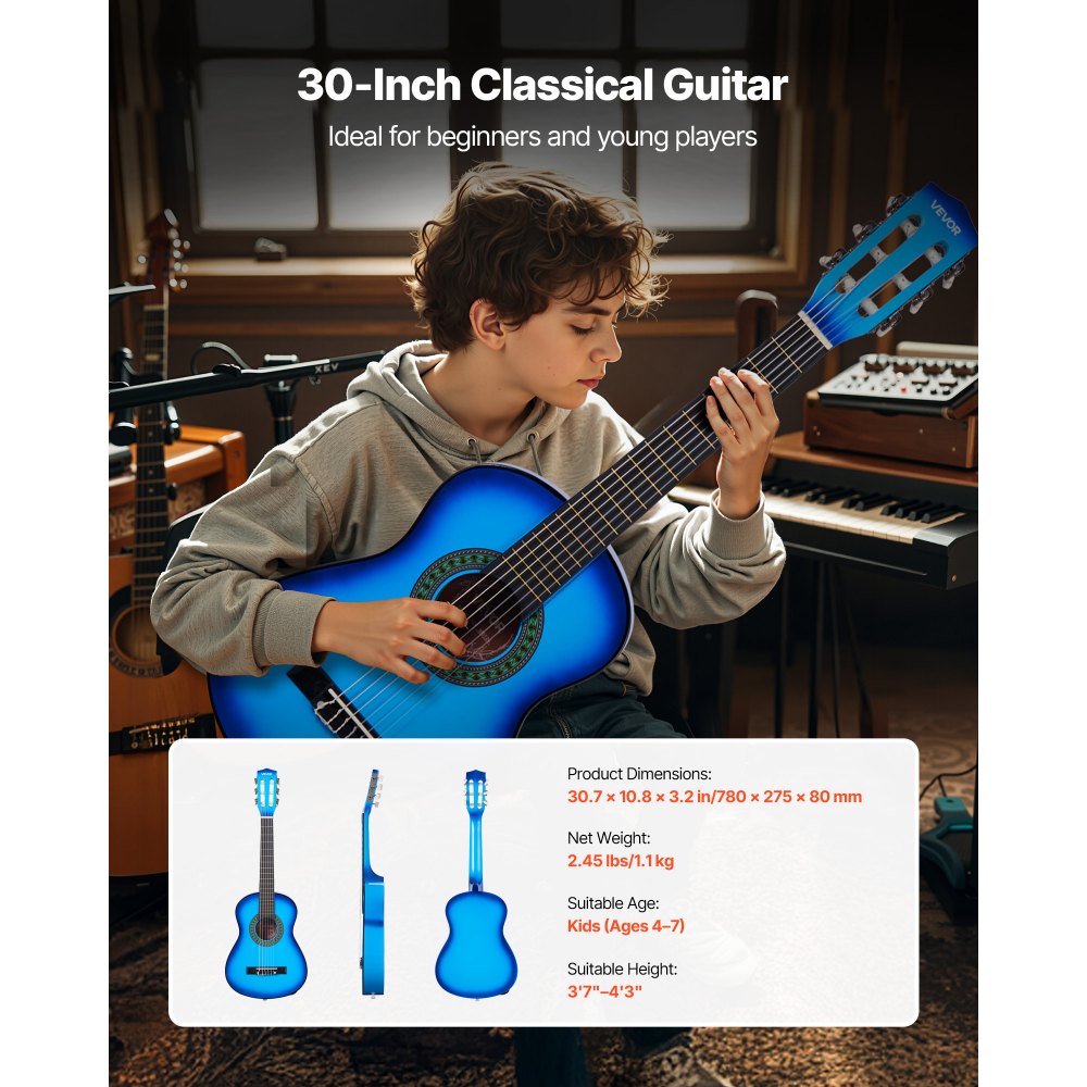 VEVOR Guitarra Clásica, Kit de Guitarra Clásica de Madera de 780 mm con Cuerdas de Nailon, Funda, Correa, Afinador, Cuerdas Adicionales, Púas, Cejilla, Madera de Tilo, para Estudiantes, Azul