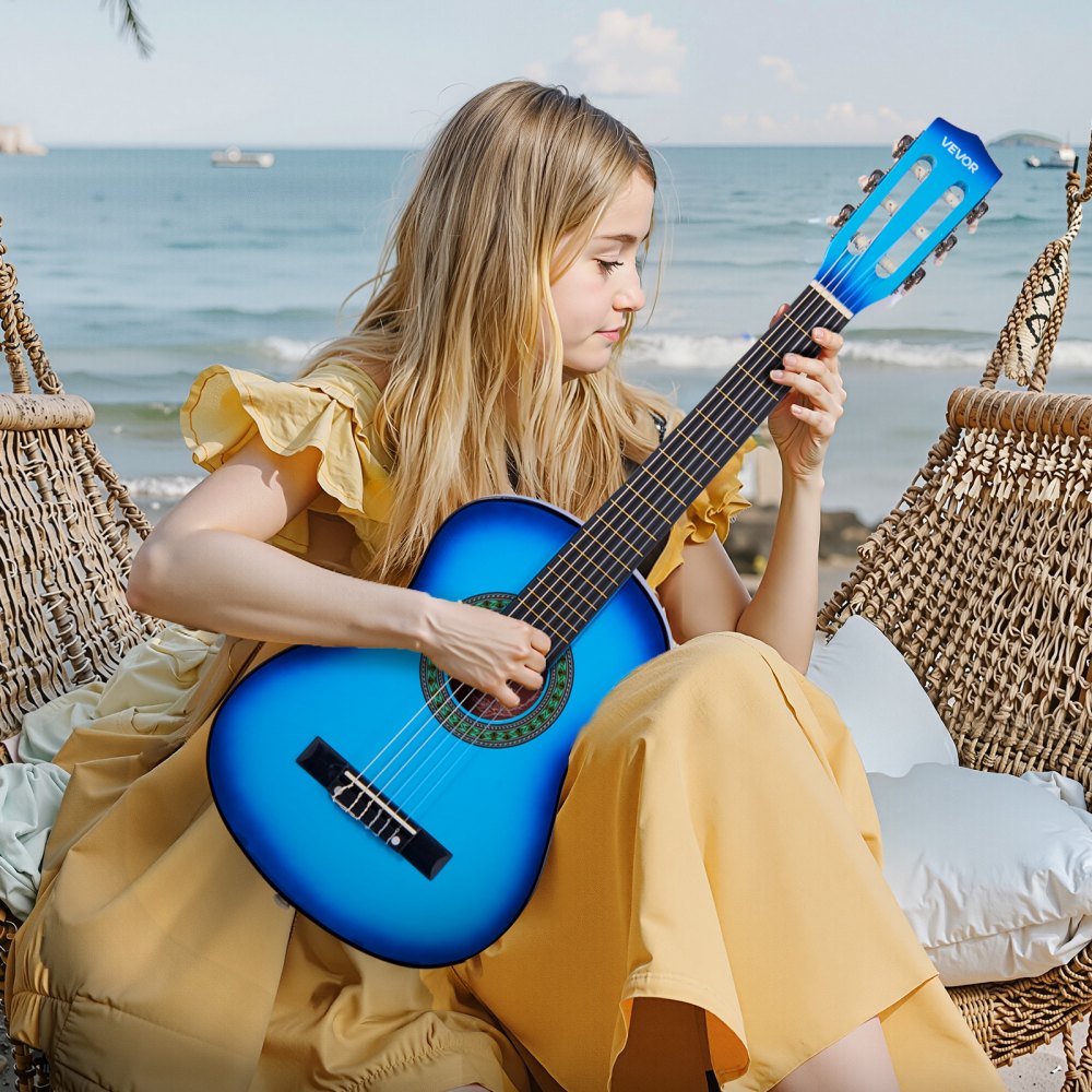 VEVOR Guitarra Clásica, Kit de Guitarra Clásica de Madera de 780 mm con Cuerdas de Nailon, Funda, Correa, Afinador, Cuerdas Adicionales, Púas, Cejilla, Madera de Tilo, para Estudiantes, Azul