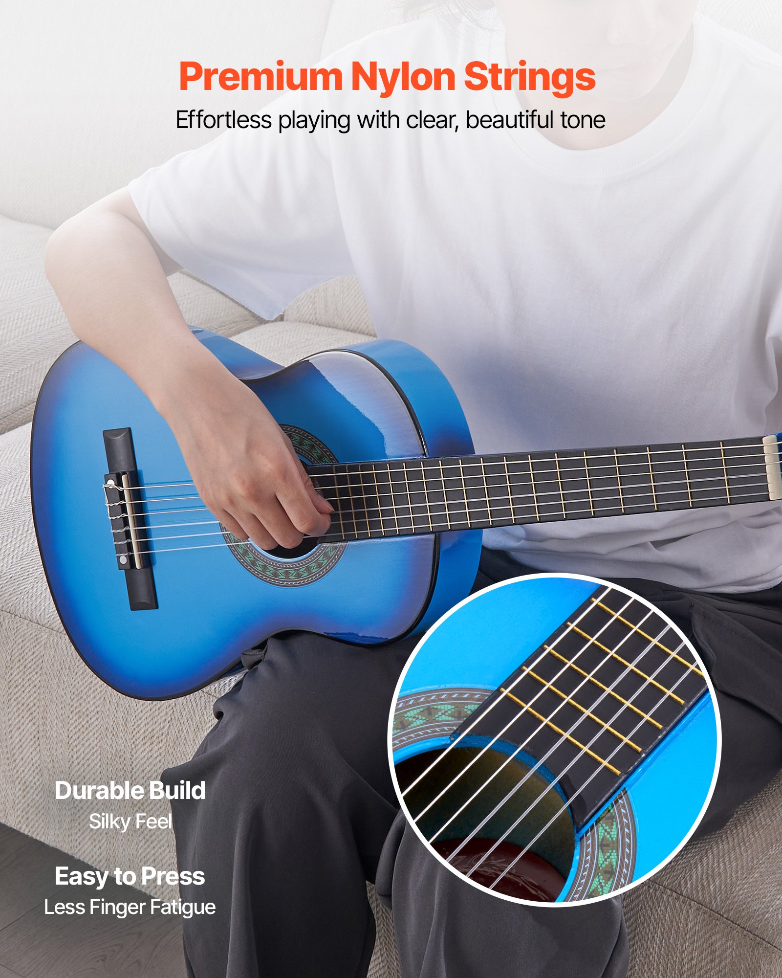 VEVOR Guitarra Clásica, Kit de Guitarra Clásica de Madera de 780 mm con Cuerdas de Nailon, Funda, Correa, Afinador, Cuerdas Adicionales, Púas, Cejilla, Madera de Tilo, para Estudiantes, Azul