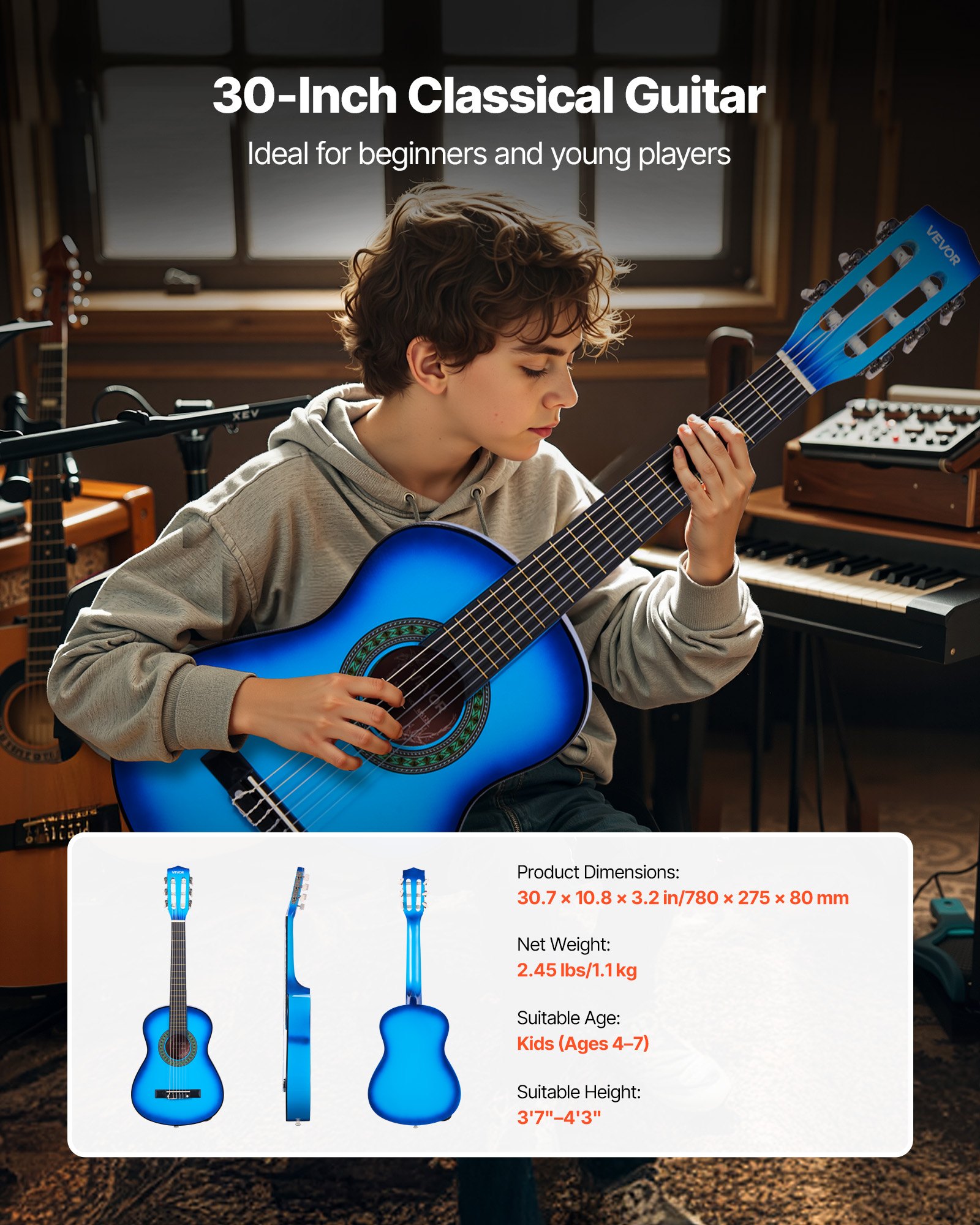 VEVOR Guitarra Clásica, Kit de Guitarra Clásica de Madera de 780 mm con Cuerdas de Nailon, Funda, Correa, Afinador, Cuerdas Adicionales, Púas, Cejilla, Madera de Tilo, para Estudiantes, Azul