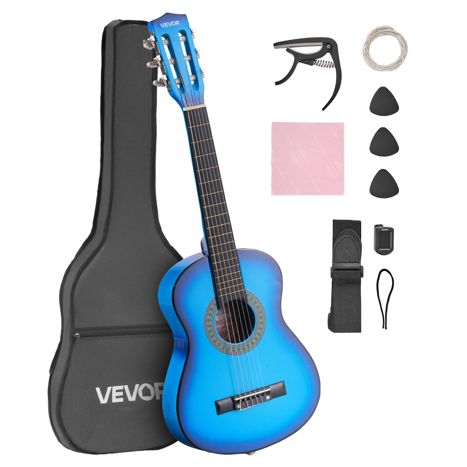 VEVOR Guitarra Clásica, Kit de Guitarra Clásica de Madera de 780 mm con Cuerdas de Nailon, Funda, Correa, Afinador, Cuerdas Adicionales, Púas, Cejilla, Madera de Tilo, para Estudiantes, Azul