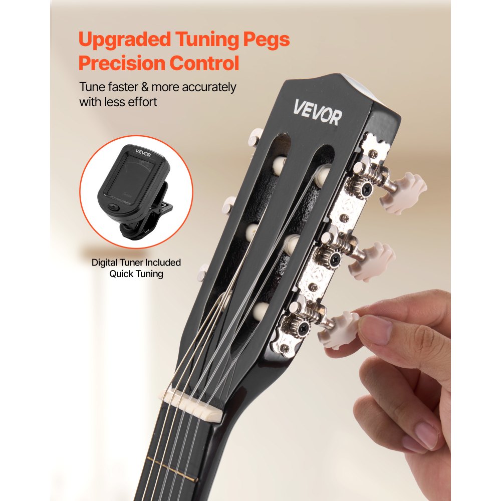 VEVOR Guitarra Clásica, Kit de Guitarra Clásica de Madera de 780 mm con Cuerdas de Nailon, Funda, Correa, Afinador, Cuerdas Adicionales, Púas, Cejilla, Madera de Tilo, para Estudiantes, Negro