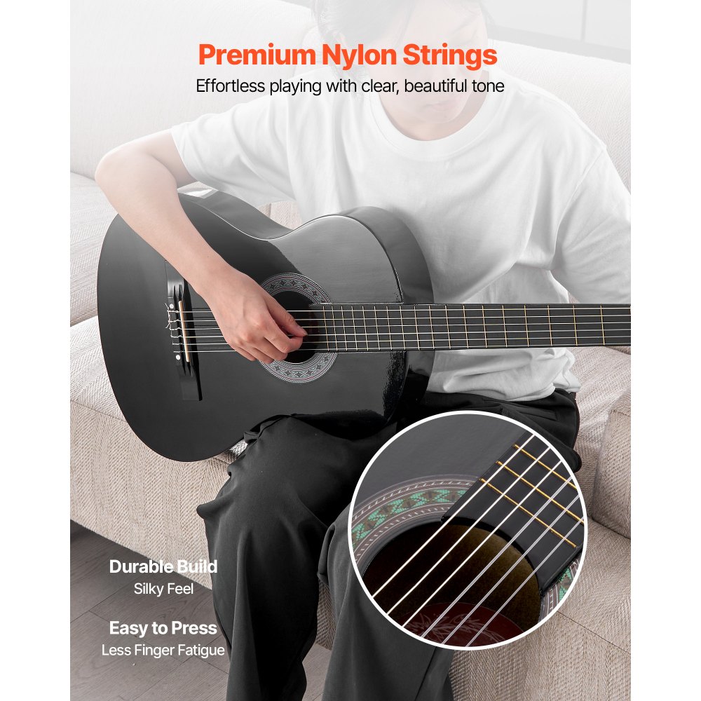 VEVOR Guitarra Clásica, Kit de Guitarra Clásica de Madera de 780 mm con Cuerdas de Nailon, Funda, Correa, Afinador, Cuerdas Adicionales, Púas, Cejilla, Madera de Tilo, para Estudiantes, Negro