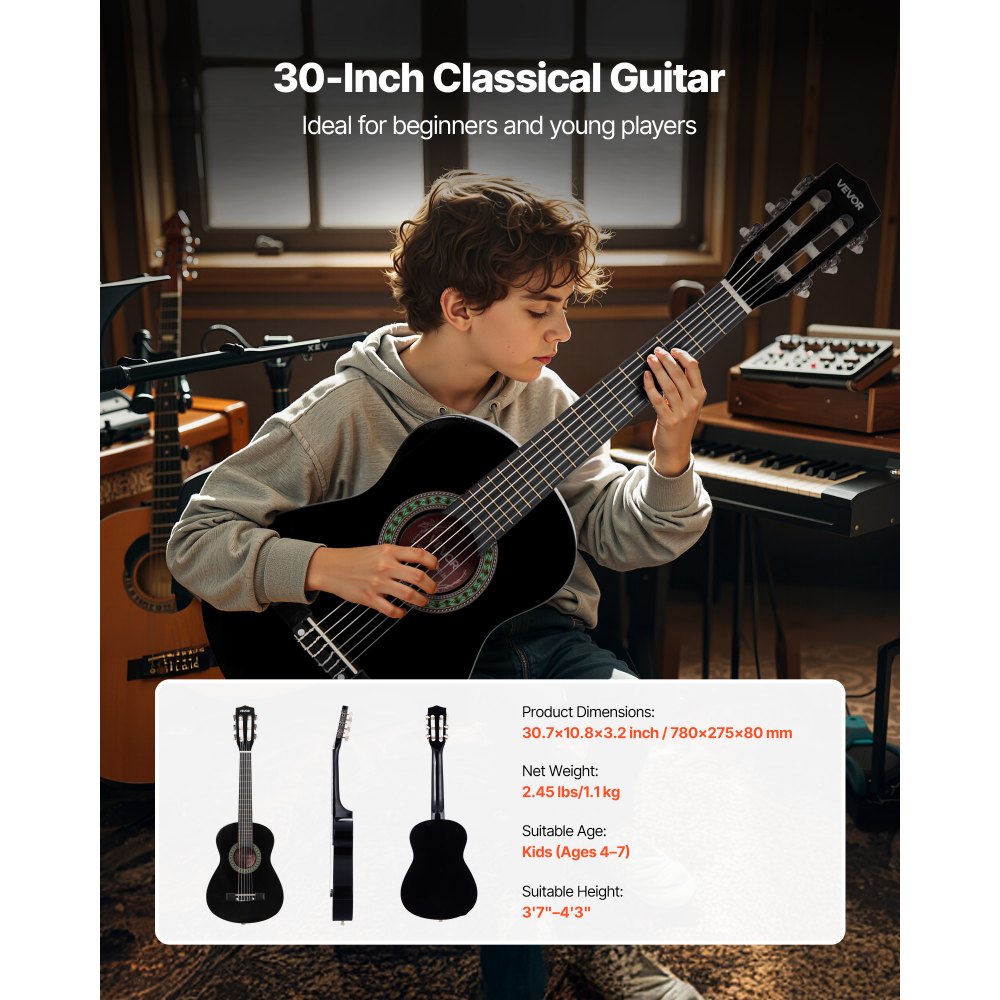 VEVOR Guitarra Clásica, Kit de Guitarra Clásica de Madera de 780 mm con Cuerdas de Nailon, Funda, Correa, Afinador, Cuerdas Adicionales, Púas, Cejilla, Madera de Tilo, para Estudiantes, Negro