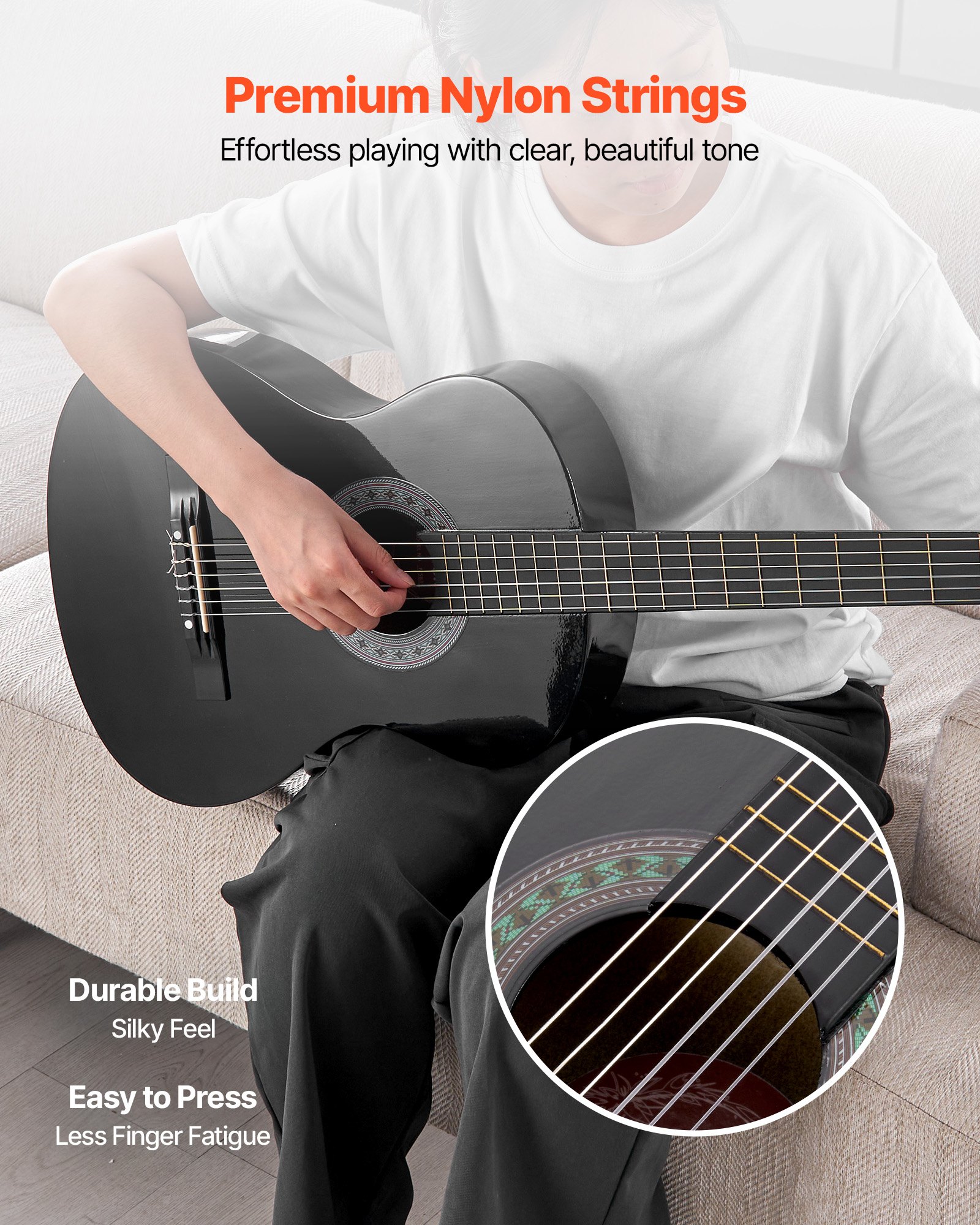 VEVOR Guitarra Clásica, Kit de Guitarra Clásica de Madera de 780 mm con Cuerdas de Nailon, Funda, Correa, Afinador, Cuerdas Adicionales, Púas, Cejilla, Madera de Tilo, para Estudiantes, Negro