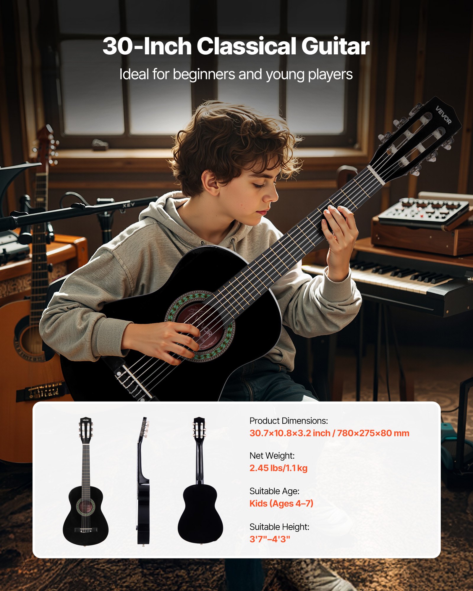 VEVOR Guitarra Clásica, Kit de Guitarra Clásica de Madera de 780 mm con Cuerdas de Nailon, Funda, Correa, Afinador, Cuerdas Adicionales, Púas, Cejilla, Madera de Tilo, para Estudiantes, Negro