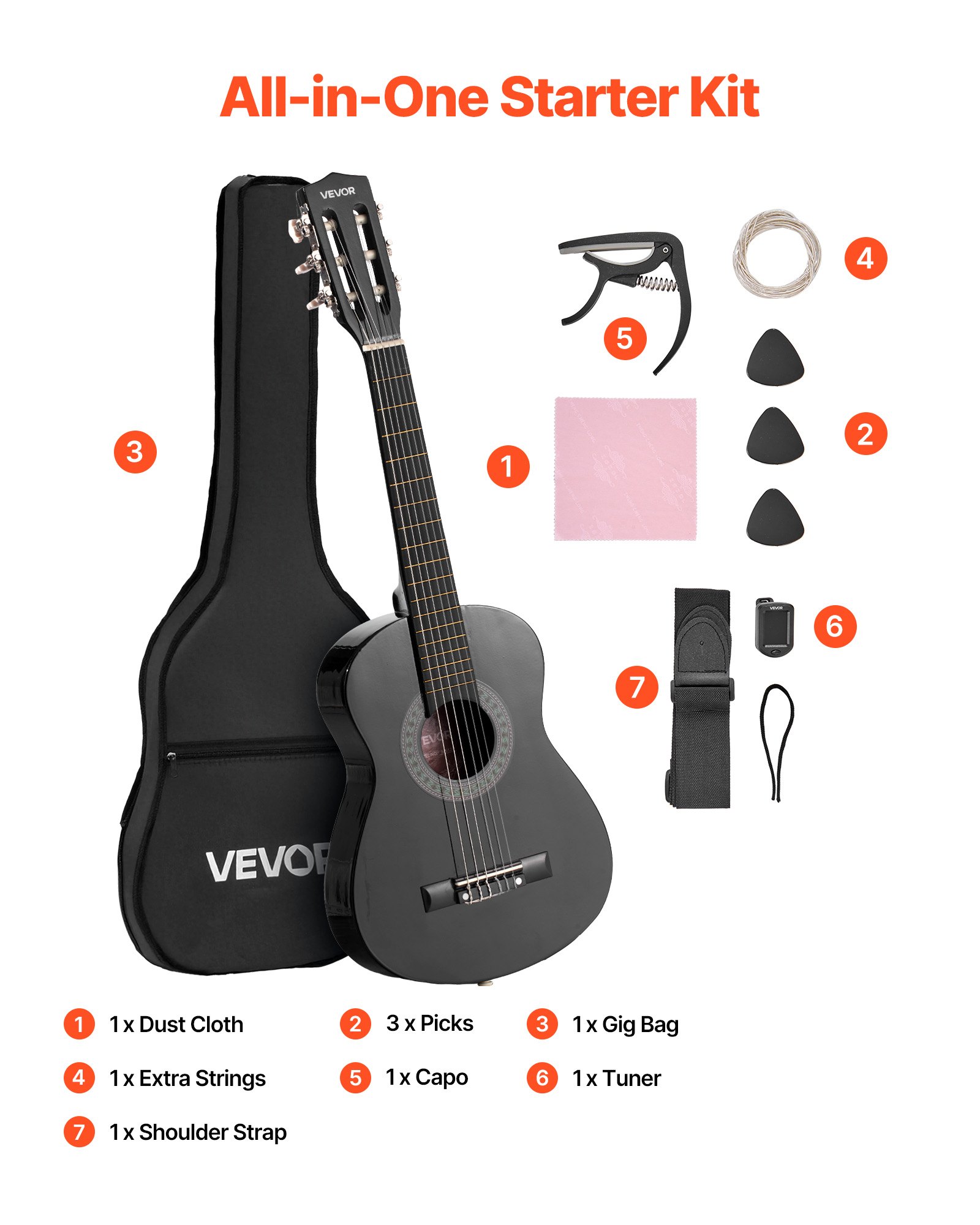 VEVOR Guitarra Clásica, Kit de Guitarra Clásica de Madera de 780 mm con Cuerdas de Nailon, Funda, Correa, Afinador, Cuerdas Adicionales, Púas, Cejilla, Madera de Tilo, para Estudiantes, Negro