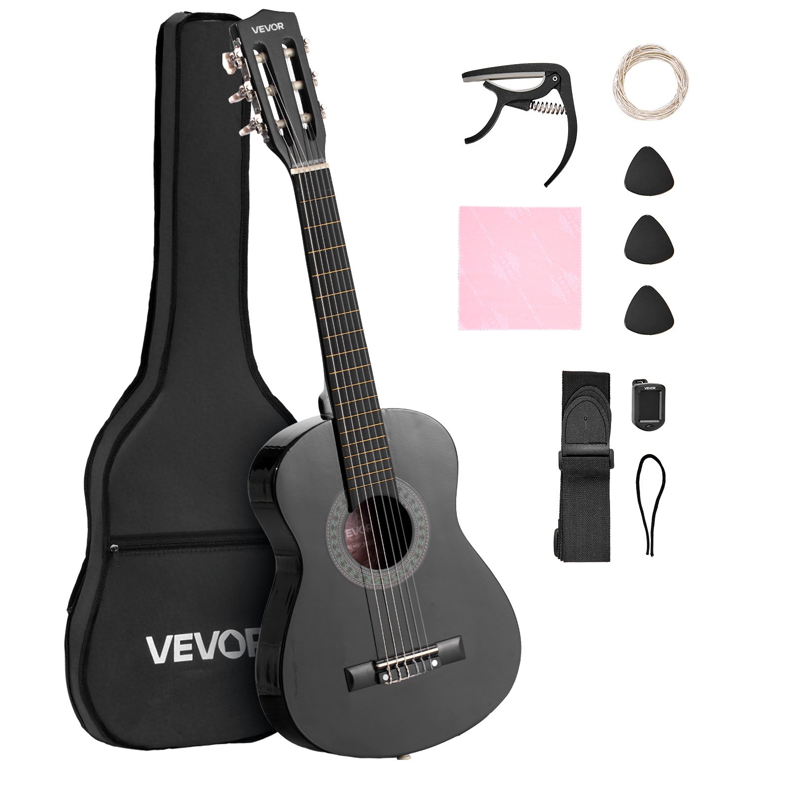 VEVOR Guitarra Clásica, Kit de Guitarra Clásica de Madera de 780 mm con Cuerdas de Nailon, Funda, Correa, Afinador, Cuerdas Adicionales, Púas, Cejilla, Madera de Tilo, para Estudiantes, Negro