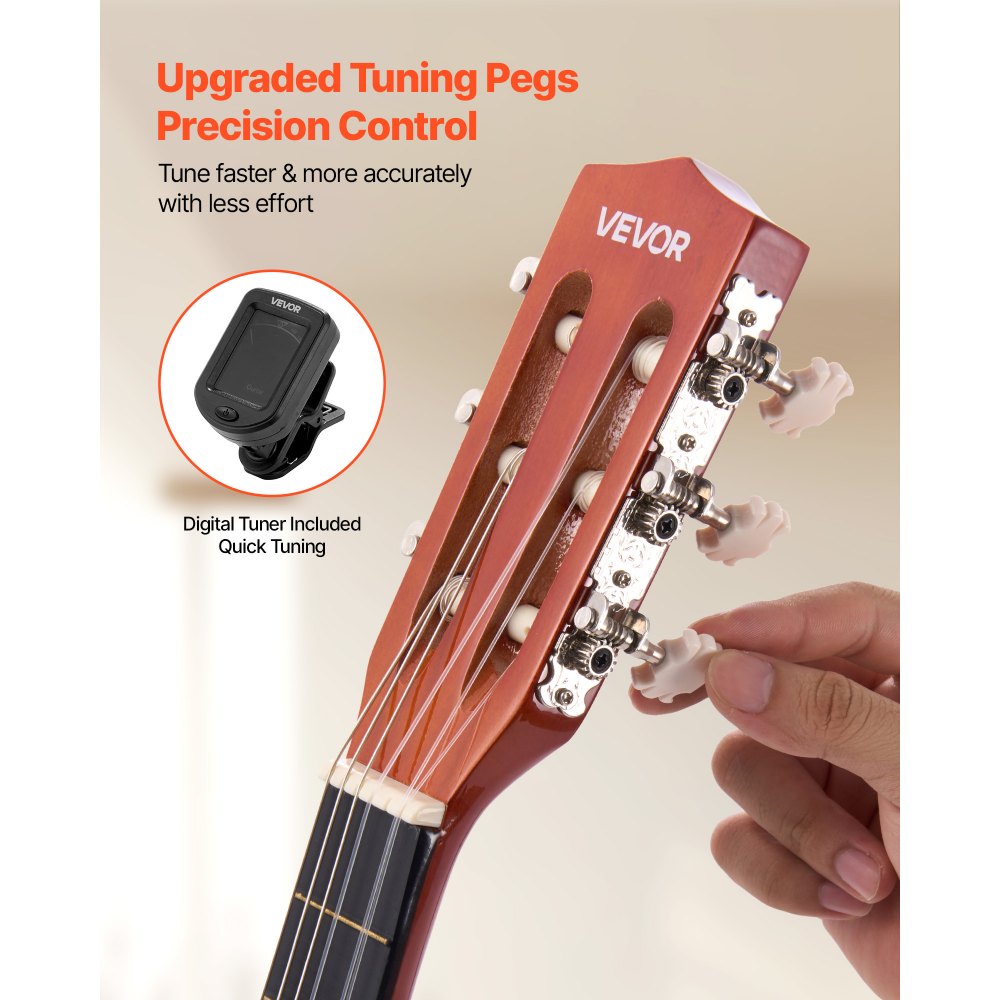VEVOR Guitarra Clásica, Kit de Guitarra Clásica de Madera de 780 mm con Cuerdas de Nailon, Funda, Correa, Afinador, Cuerdas Adicionales, Púas, Cejilla, Madera de Tilo, para Estudiantes, Natural