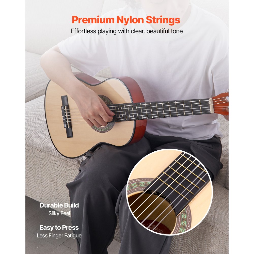 VEVOR Guitarra Clásica, Kit de Guitarra Clásica de Madera de 780 mm con Cuerdas de Nailon, Funda, Correa, Afinador, Cuerdas Adicionales, Púas, Cejilla, Madera de Tilo, para Estudiantes, Natural