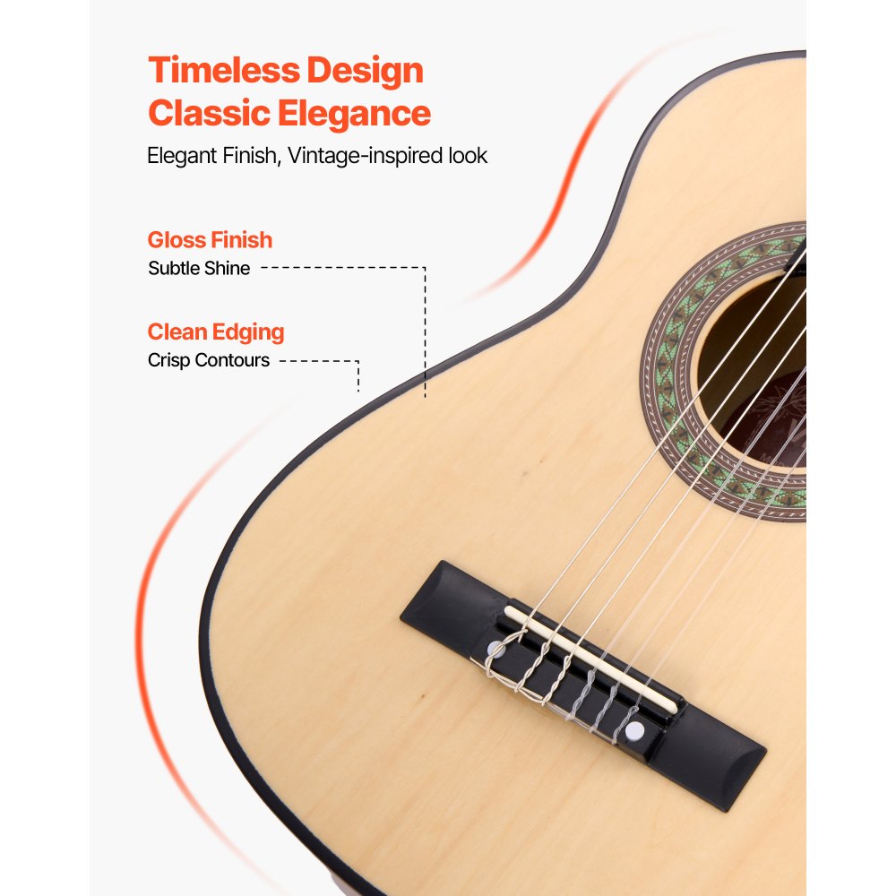 VEVOR Guitarra Clásica, Kit de Guitarra Clásica de Madera de 780 mm con Cuerdas de Nailon, Funda, Correa, Afinador, Cuerdas Adicionales, Púas, Cejilla, Madera de Tilo, para Estudiantes, Natural