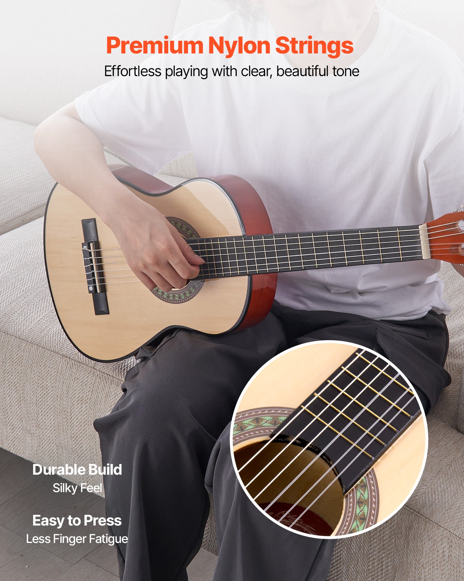 VEVOR Guitarra Clásica, Kit de Guitarra Clásica de Madera de 780 mm con Cuerdas de Nailon, Funda, Correa, Afinador, Cuerdas Adicionales, Púas, Cejilla, Madera de Tilo, para Estudiantes, Natural