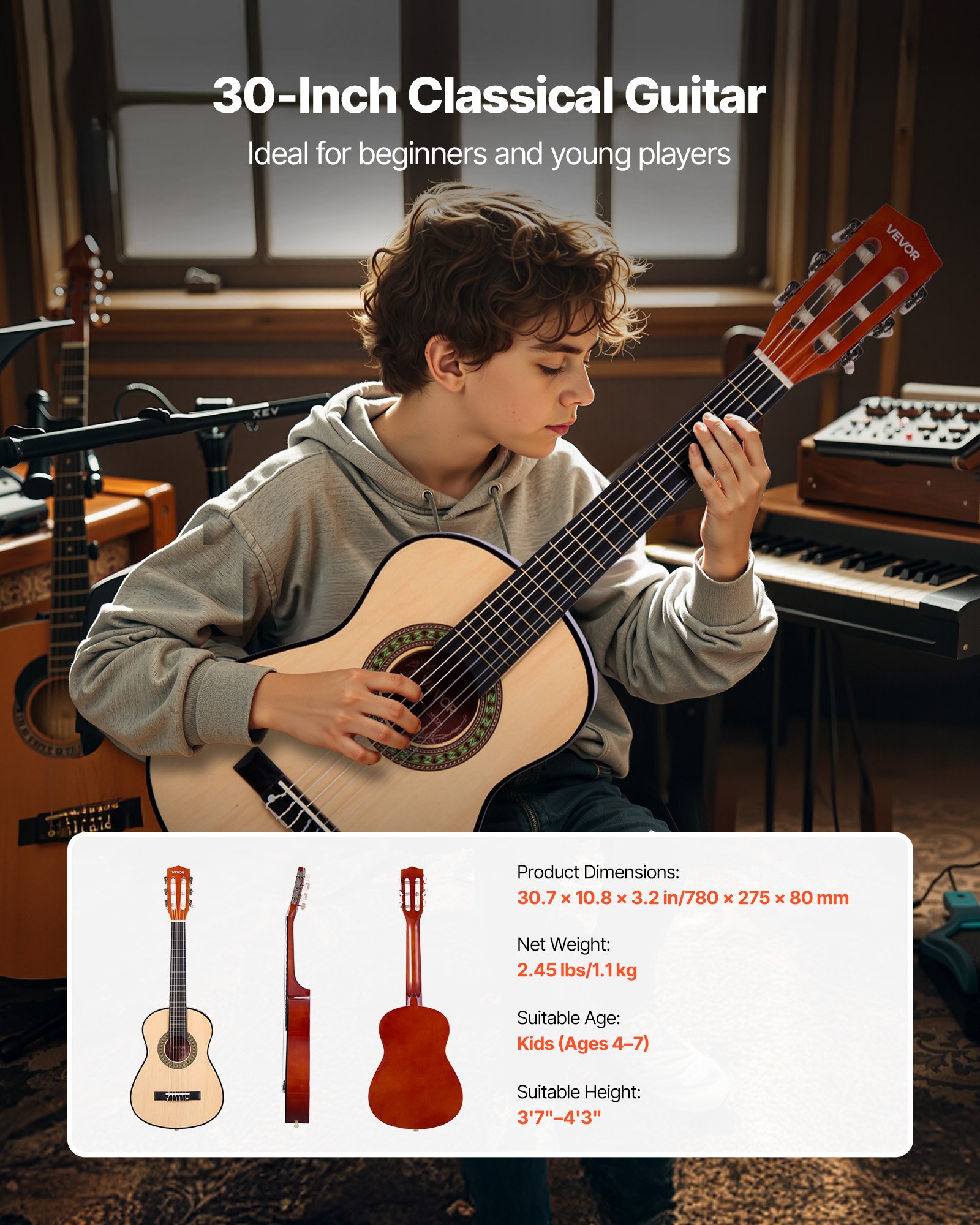 VEVOR Guitarra Clásica, Kit de Guitarra Clásica de Madera de 780 mm con Cuerdas de Nailon, Funda, Correa, Afinador, Cuerdas Adicionales, Púas, Cejilla, Madera de Tilo, para Estudiantes, Natural
