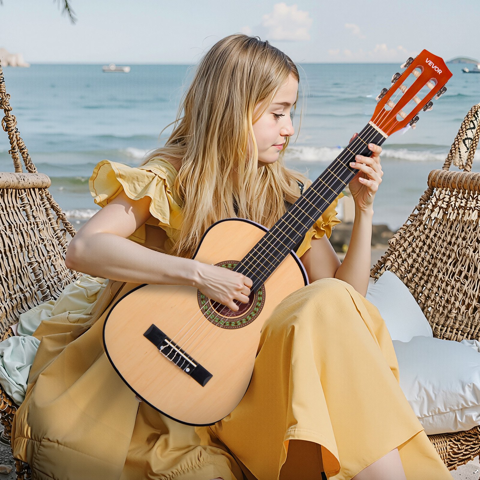 VEVOR Guitarra Clásica, Kit de Guitarra Clásica de Madera de 780 mm con Cuerdas de Nailon, Funda, Correa, Afinador, Cuerdas Adicionales, Púas, Cejilla, Madera de Tilo, para Estudiantes, Natural