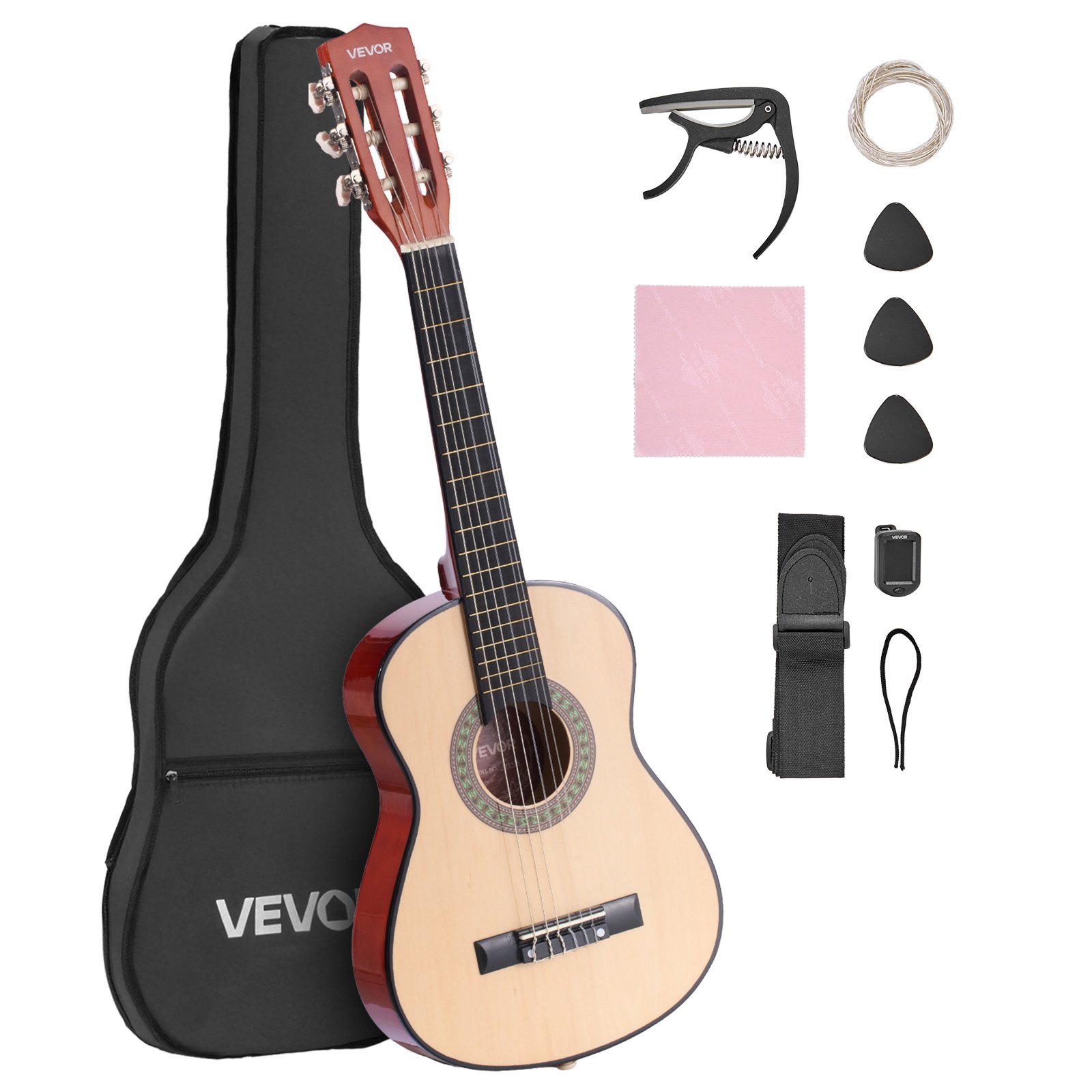 VEVOR Guitarra Clásica, Kit de Guitarra Clásica de Madera de 780 mm con Cuerdas de Nailon, Funda, Correa, Afinador, Cuerdas Adicionales, Púas, Cejilla, Madera de Tilo, para Estudiantes, Natural