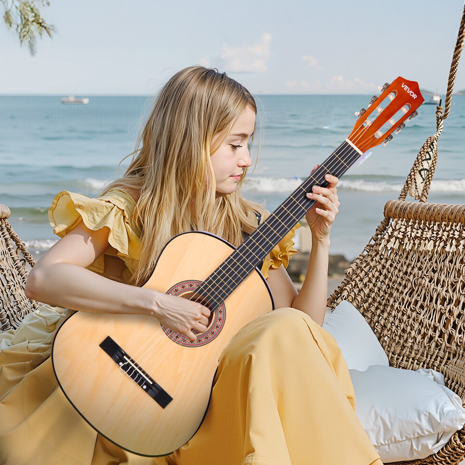 VEVOR Guitarra Clásica, Kit de Guitarra Clásica de Madera de 960 mm con Cuerdas de Nailon, Funda, Correa, Afinador, Cuerdas Adicionales, Púas, Cejilla, Madera de Tilo, para Estudiantes, Natural