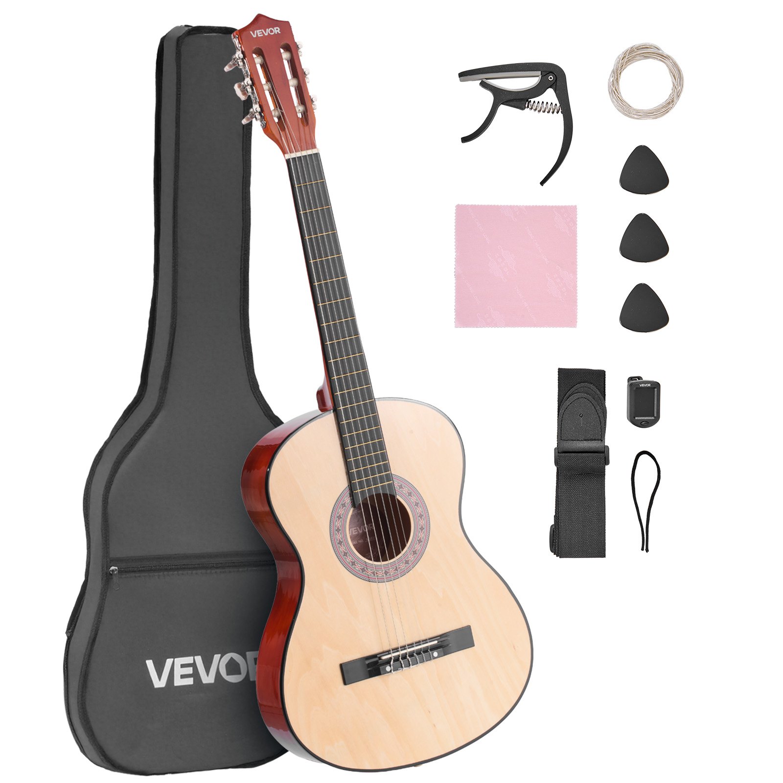 VEVOR Guitarra Clásica, Kit de Guitarra Clásica de Madera de 960 mm con Cuerdas de Nailon, Funda, Correa, Afinador, Cuerdas Adicionales, Púas, Cejilla, Madera de Tilo, para Estudiantes, Natural