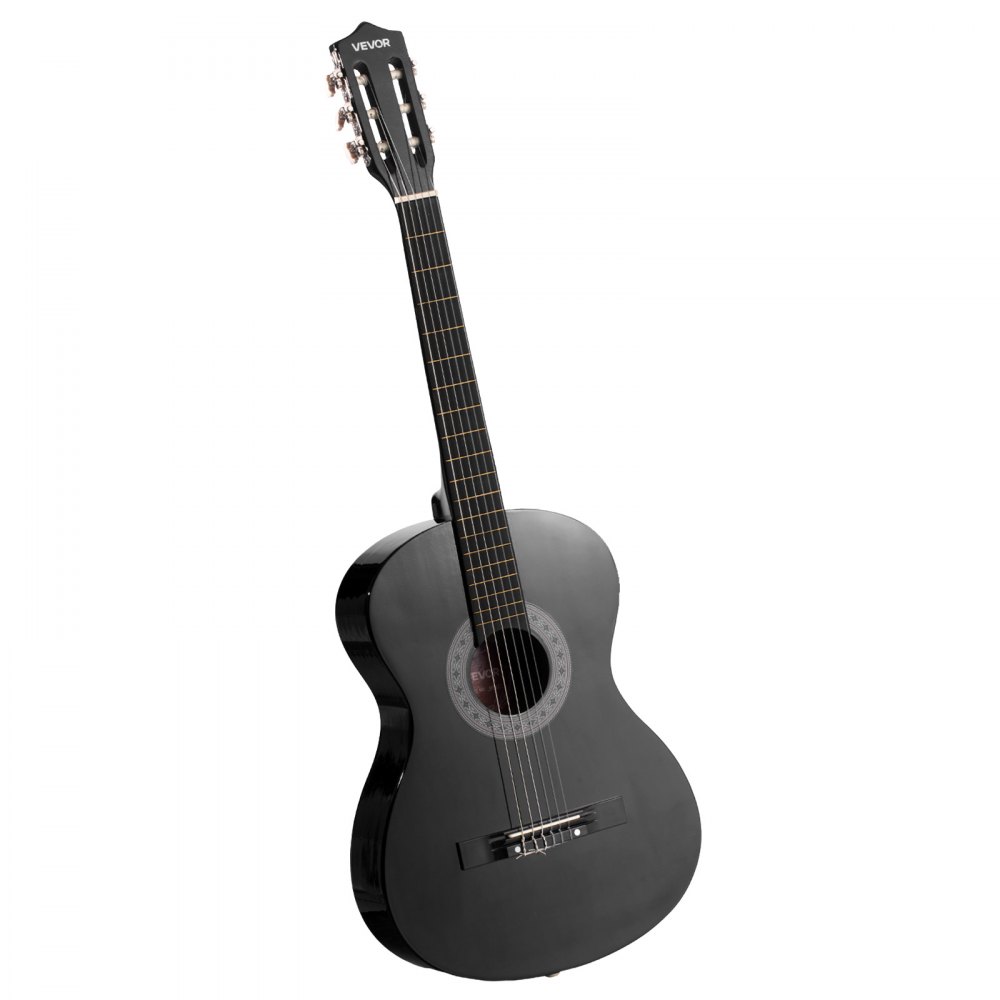VEVOR Guitarra Clásica, Kit de Guitarra Clásica de Madera de 960 mm con Cuerdas de Nailon, Funda, Correa, Afinador, Cuerdas Adicionales, Púas, Cejilla, Madera de Tilo, para Estudiantes, Negro