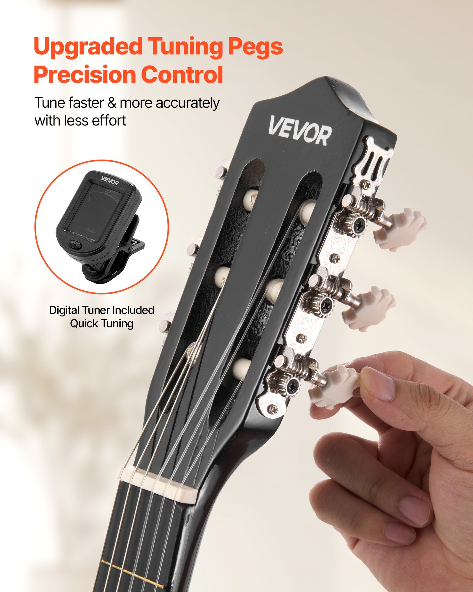 VEVOR Guitarra Clásica, Kit de Guitarra Clásica de Madera de 960 mm con Cuerdas de Nailon, Funda, Correa, Afinador, Cuerdas Adicionales, Púas, Cejilla, Madera de Tilo, para Estudiantes, Negro