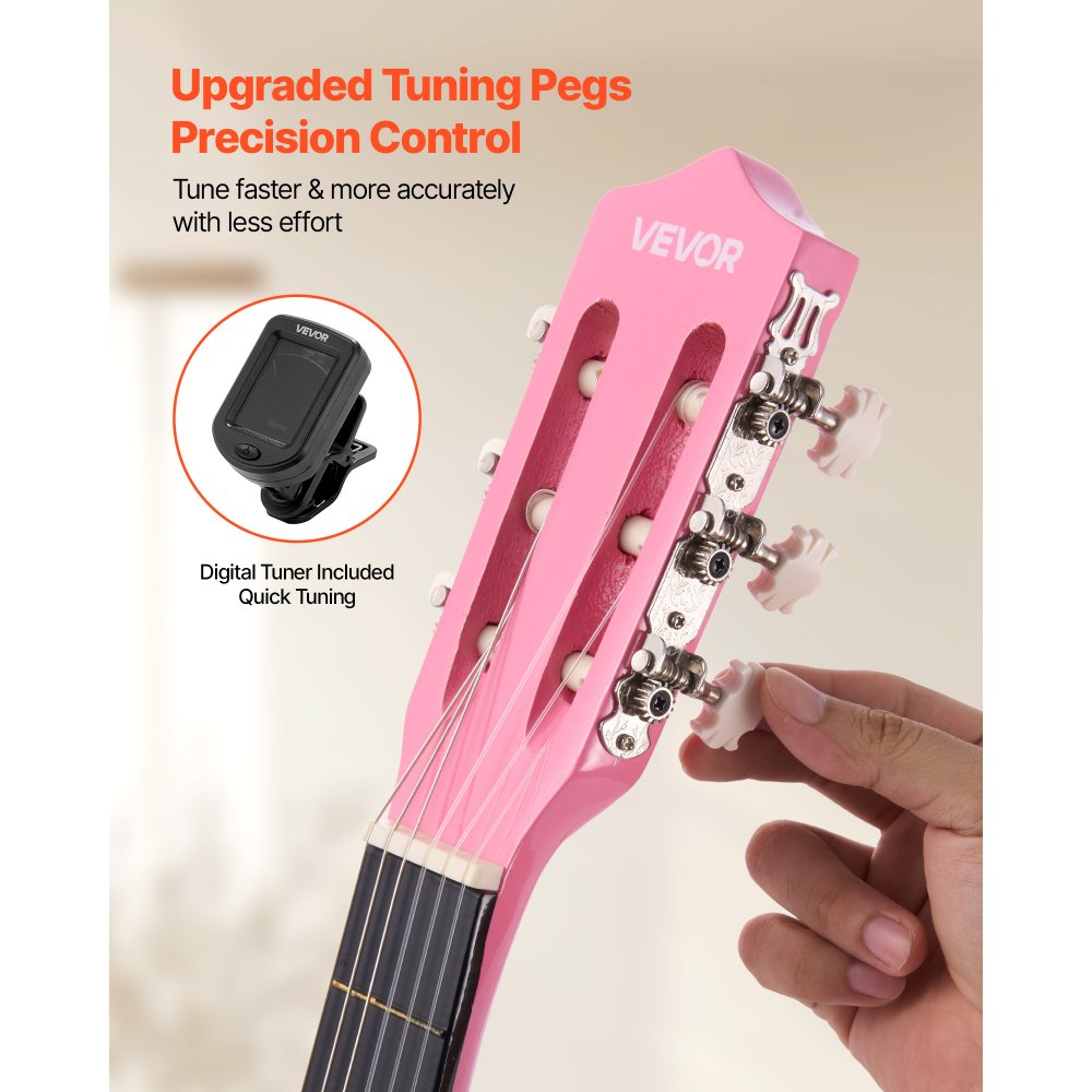 VEVOR Guitarra Clásica, Kit de Guitarra Clásica de Madera de 960 mm con Cuerdas de Nailon, Funda, Correa, Afinador, Cuerdas Adicionales, Púas, Cejilla, Madera de Tilo, para Estudiantes, Rosa