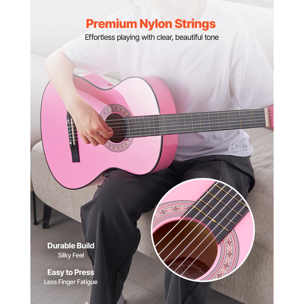 VEVOR Guitarra Clásica, Kit de Guitarra Clásica de Madera de 960 mm con Cuerdas de Nailon, Funda, Correa, Afinador, Cuerdas Adicionales, Púas, Cejilla, Madera de Tilo, para Estudiantes, Rosa