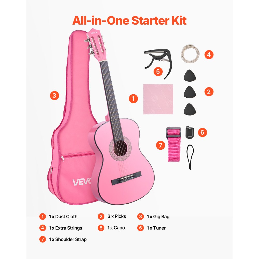 VEVOR Guitarra Clásica, Kit de Guitarra Clásica de Madera de 960 mm con Cuerdas de Nailon, Funda, Correa, Afinador, Cuerdas Adicionales, Púas, Cejilla, Madera de Tilo, para Estudiantes, Rosa