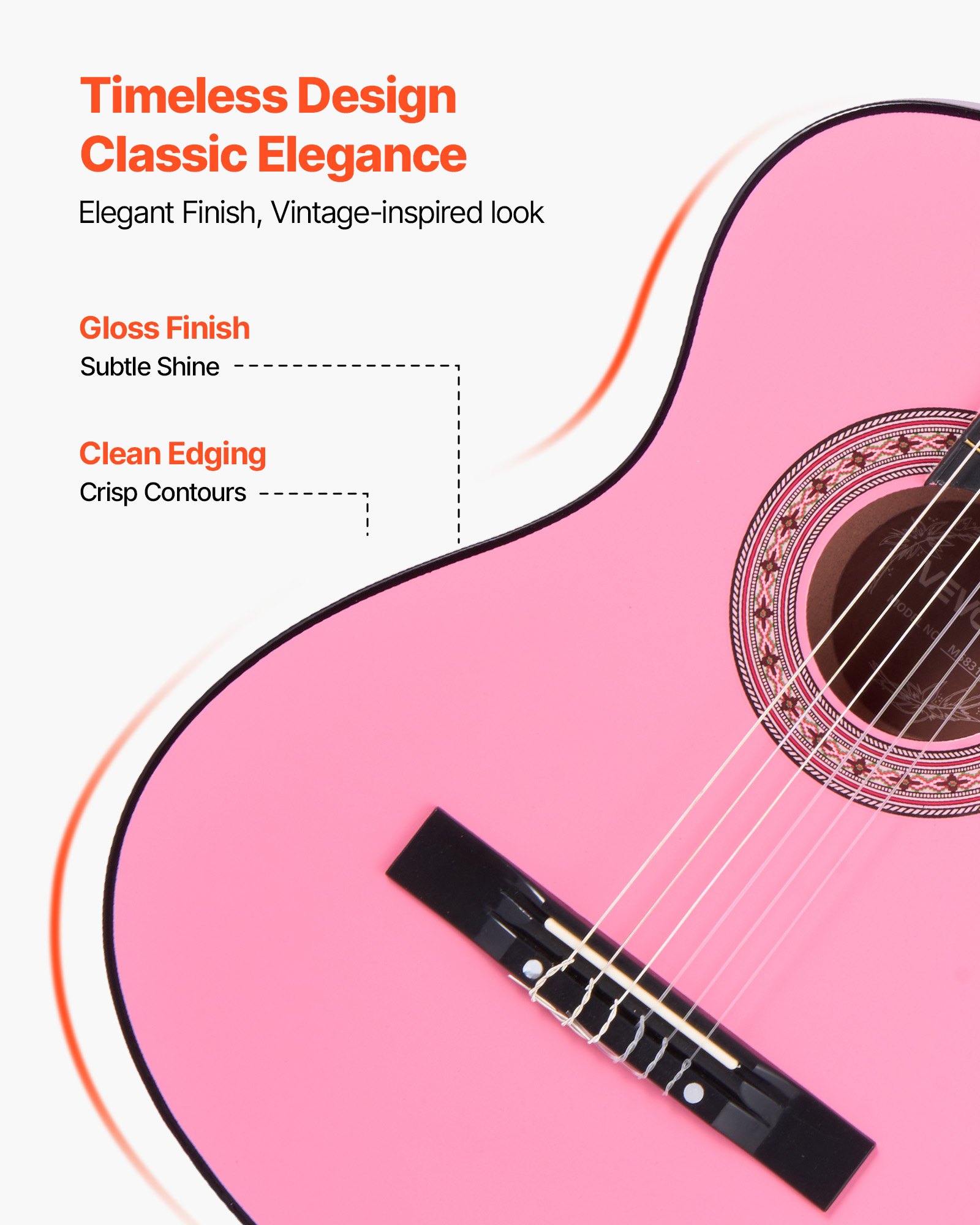 VEVOR Guitarra Clásica, Kit de Guitarra Clásica de Madera de 960 mm con Cuerdas de Nailon, Funda, Correa, Afinador, Cuerdas Adicionales, Púas, Cejilla, Madera de Tilo, para Estudiantes, Rosa