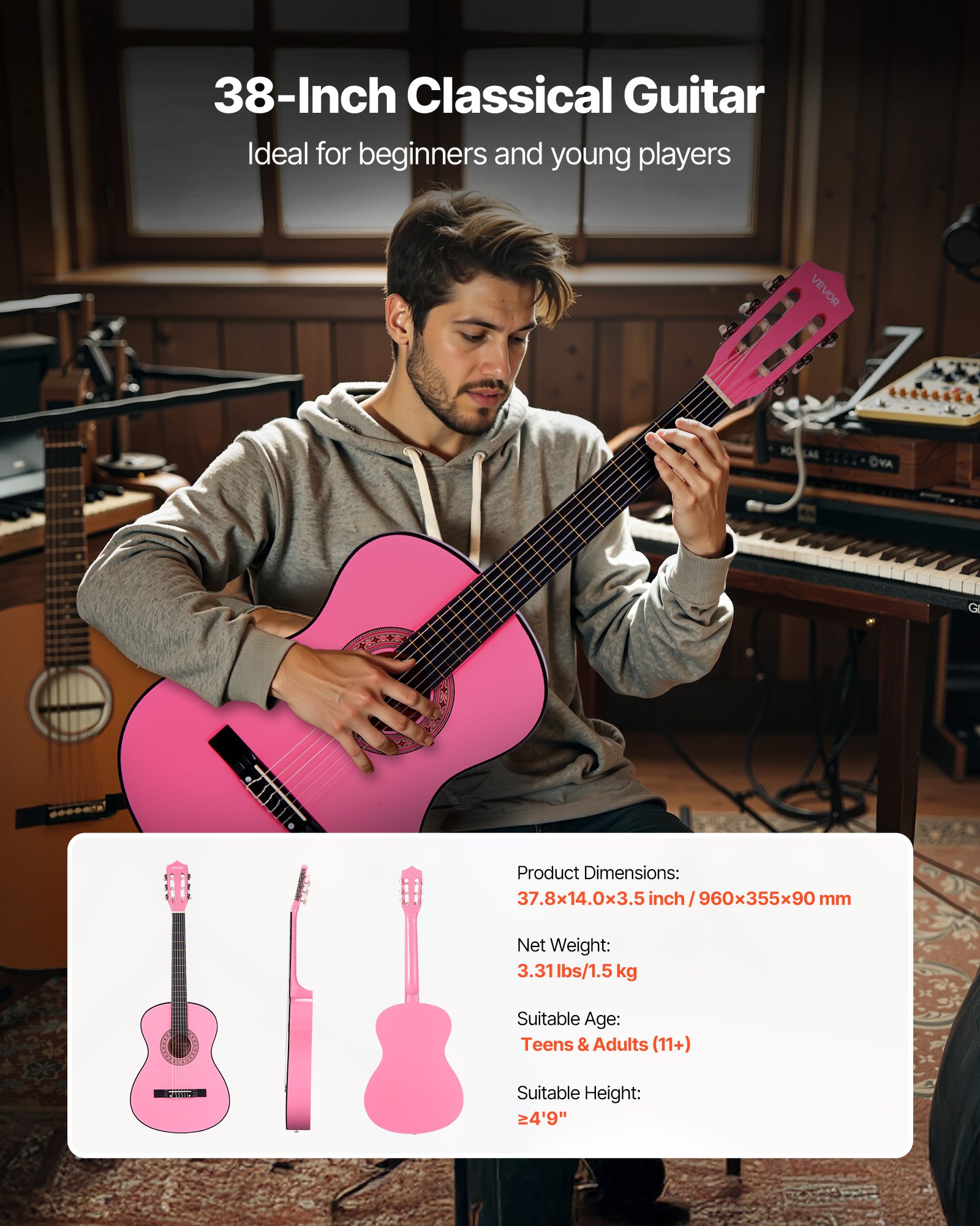 VEVOR Guitarra Clásica, Kit de Guitarra Clásica de Madera de 960 mm con Cuerdas de Nailon, Funda, Correa, Afinador, Cuerdas Adicionales, Púas, Cejilla, Madera de Tilo, para Estudiantes, Rosa