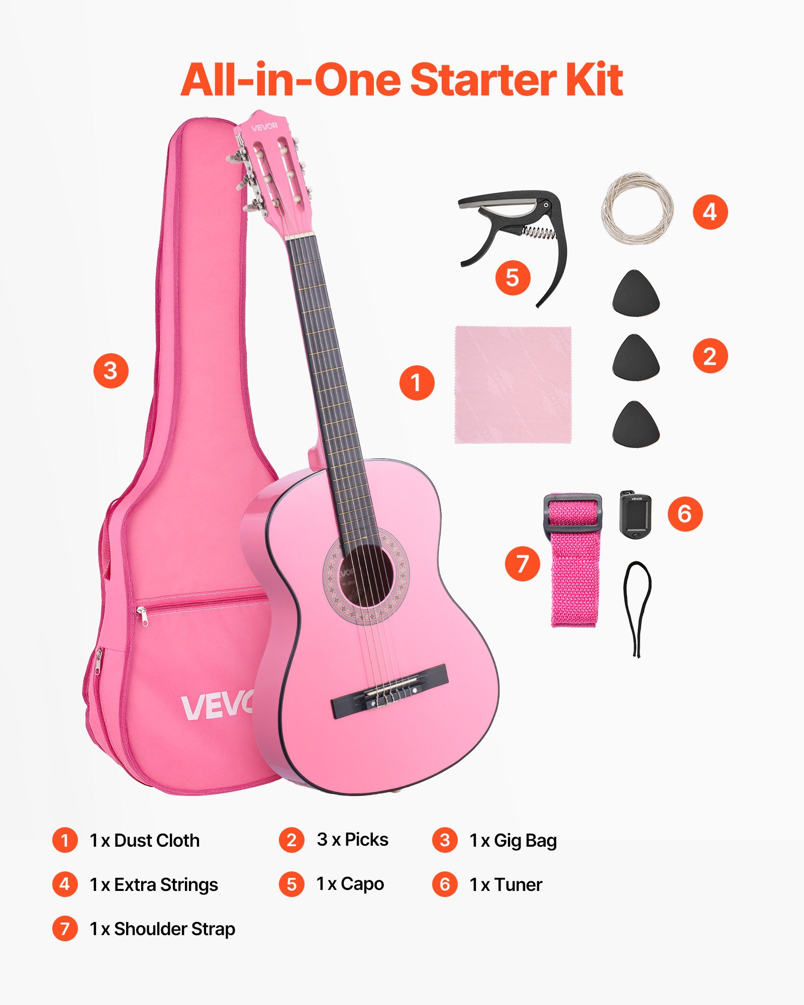 VEVOR Guitarra Clásica, Kit de Guitarra Clásica de Madera de 960 mm con Cuerdas de Nailon, Funda, Correa, Afinador, Cuerdas Adicionales, Púas, Cejilla, Madera de Tilo, para Estudiantes, Rosa