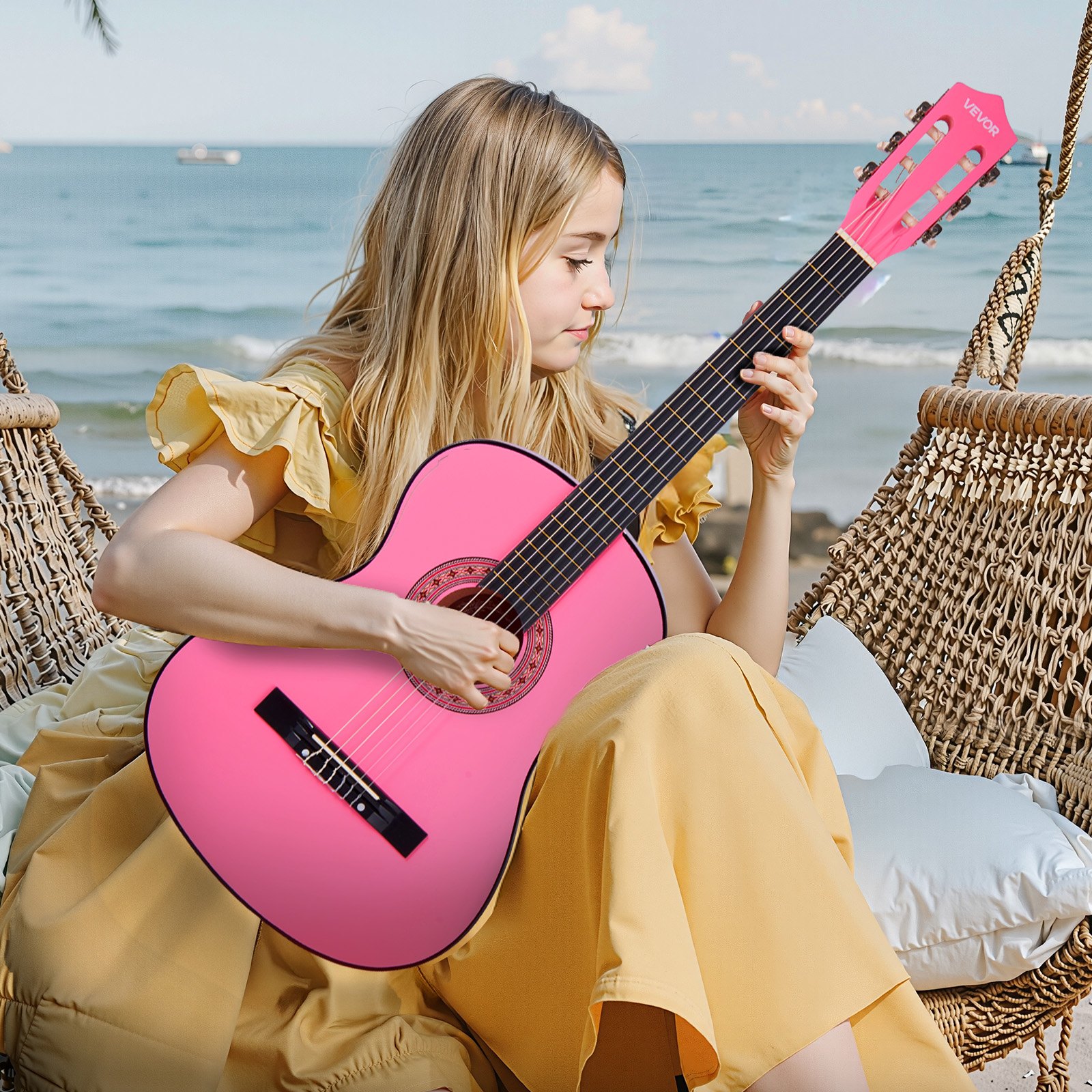 VEVOR Guitarra Clásica, Kit de Guitarra Clásica de Madera de 960 mm con Cuerdas de Nailon, Funda, Correa, Afinador, Cuerdas Adicionales, Púas, Cejilla, Madera de Tilo, para Estudiantes, Rosa