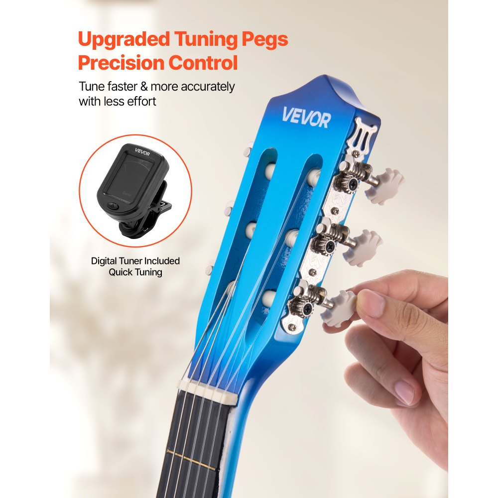 VEVOR Guitarra Clásica, Kit de Guitarra Clásica de Madera de 960 mm con Cuerdas de Nailon, Funda, Correa, Afinador, Cuerdas Adicionales, Púas, Cejilla, Madera de Tilo, para Estudiantes, Azul