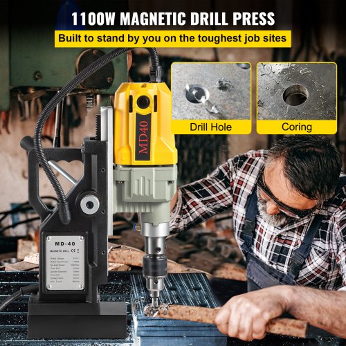 VEVOR Taladro Magnético 1100W Taladradora Magnético Profesional 11 kg 6 PCS Taladro de Núcleo Magnético Taladradora Magnético Profesional Taladro Magnético con Conexión al Cuello Base Magnética