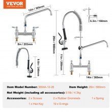 VEVOR Grifo Comercial con Rociador de Preenjuague, 66,04 cm de Altura, 20.32 cm de Centro, Caño Oscilante, Grifo para Fregadero de Cocina para Montaje en Cubierta, Dispositivo Construido en Latón