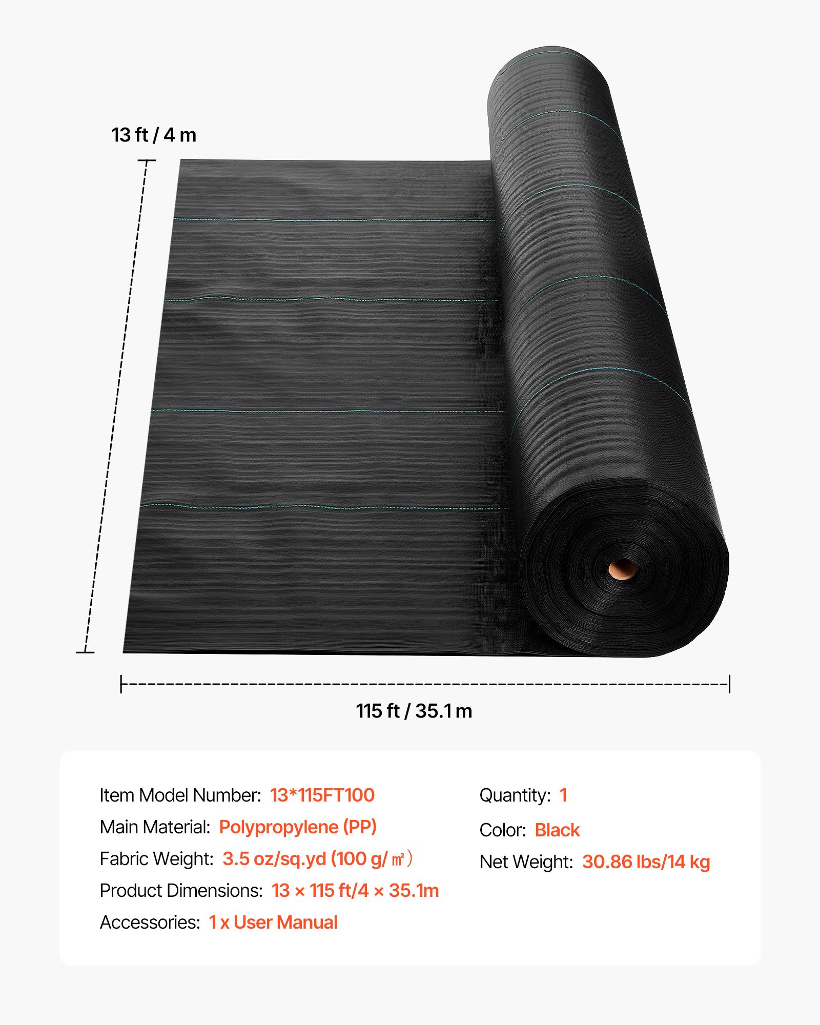 VEVOR Malla Antihierbas 4 x 35,1 m, 100 g/m², Tela Geotextil para Control de Maleza Polipropileno Tejido de Alta Densidad para Exterior, Ventilación, Drenaje, Invernaderos, Jardines, Caminos de Grava