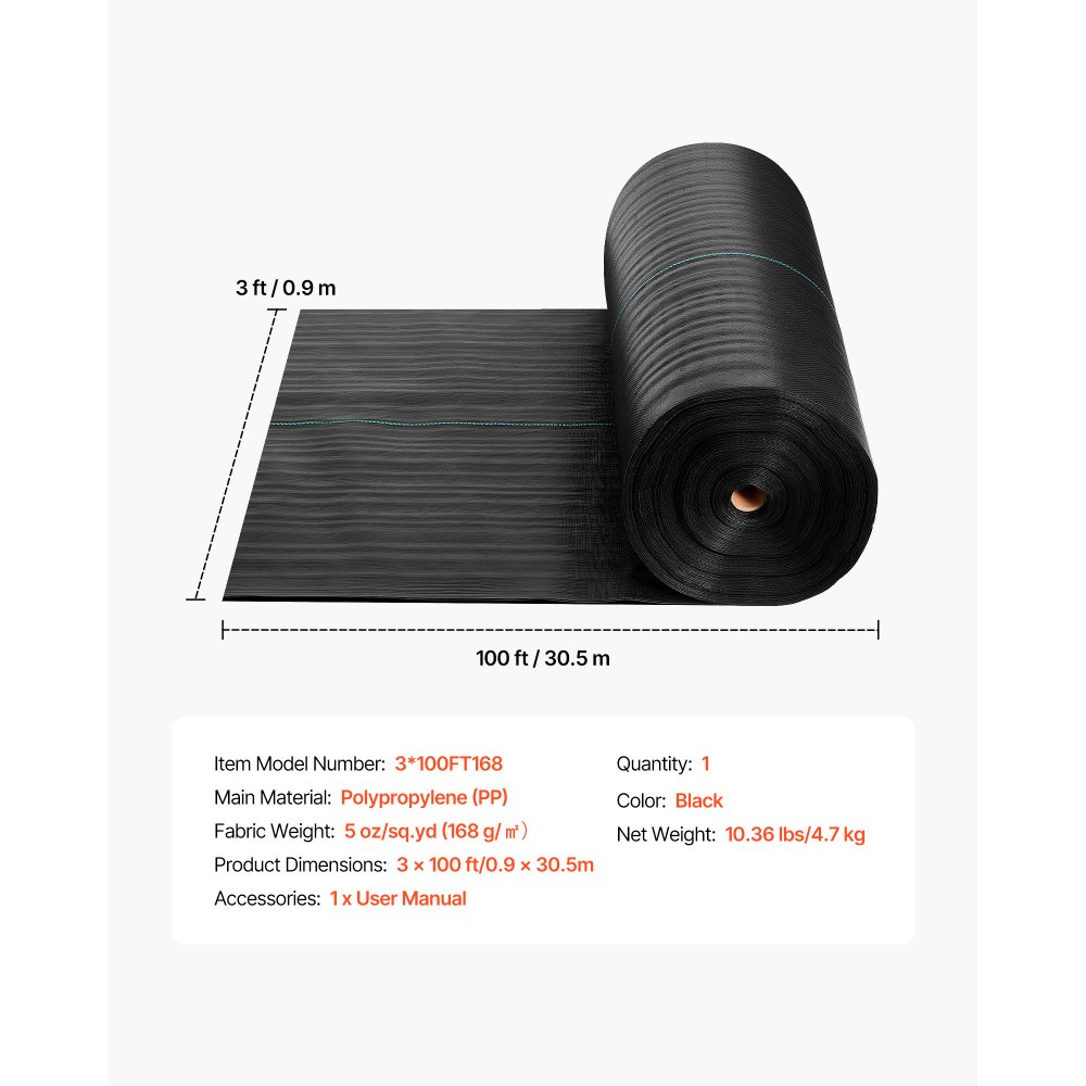 VEVOR Malla Antihierbas 0,9 x 30,5 m 168 g/m², Tela Geotextil para Control de Maleza Polipropileno Tejido de Alta Densidad para Invernaderos, Jardines, Caminos de Grava, Exterior, Ventilación, Drenaje