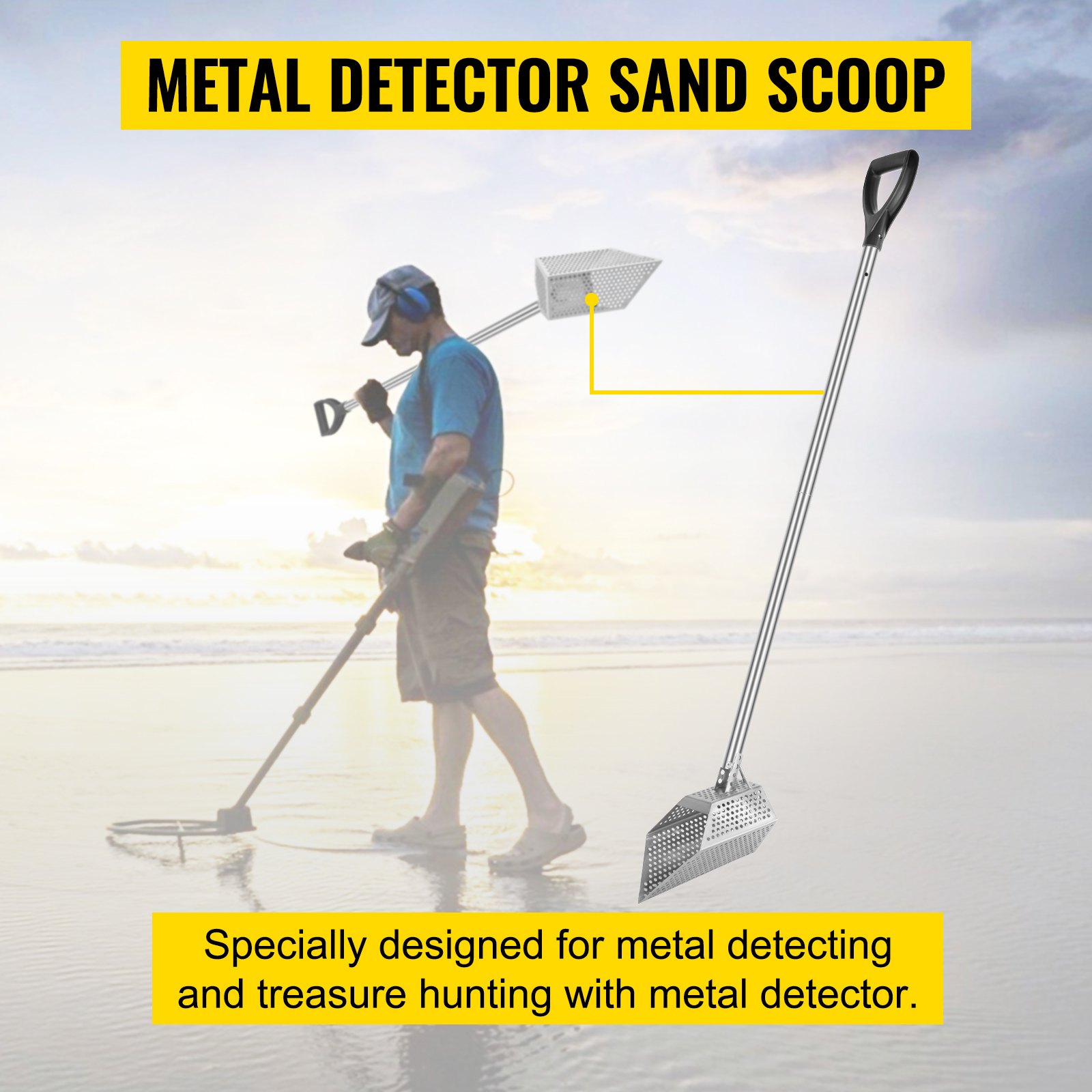 VEVOR Kit de Pala de Arena para Detección de Metales 15x25cm Detector de Metales de Acero Inoxidable Agujero 10mm Pala para Arena con Detector de Metales para Recoger y Cribar Pequeñas Cosas Valiosas