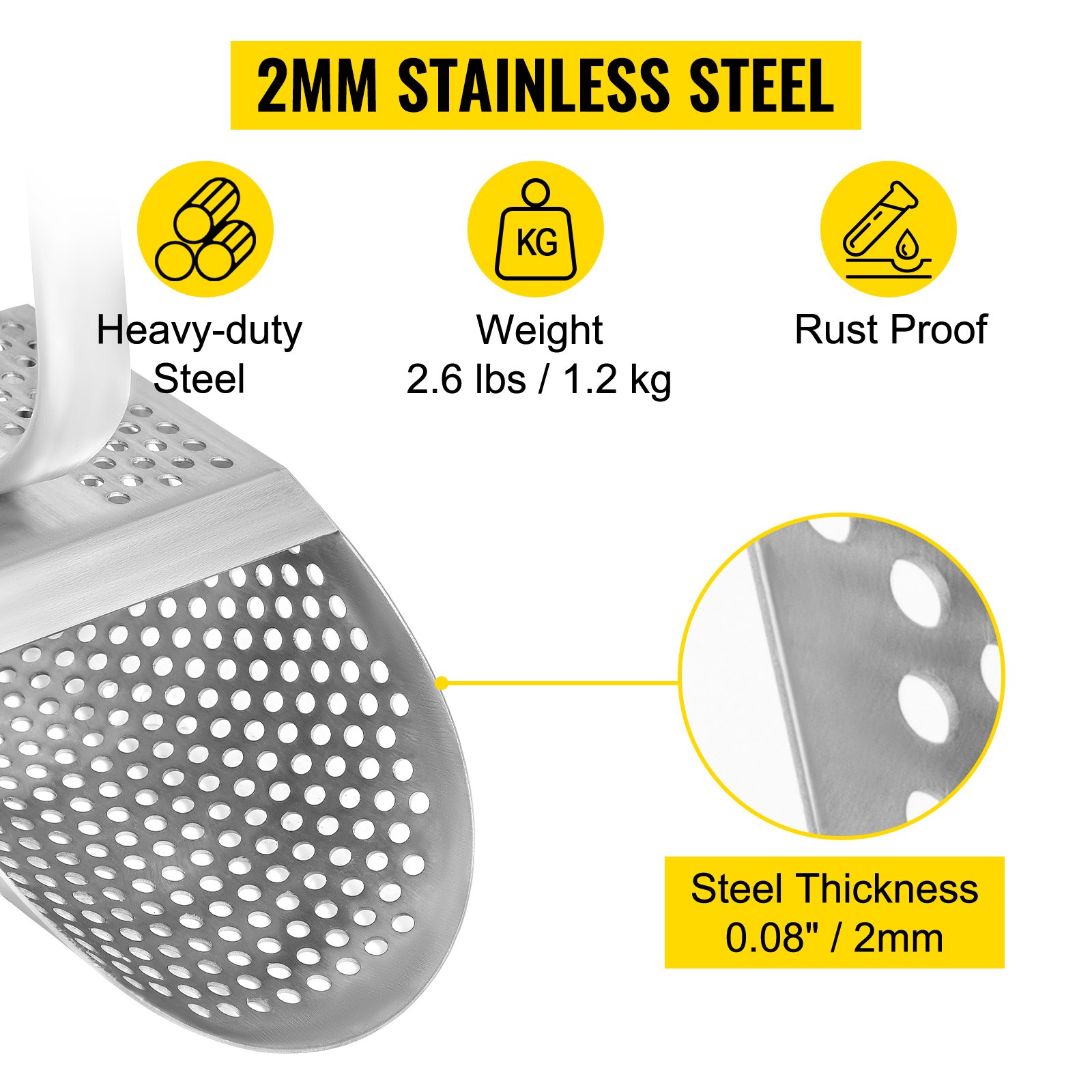 VEVOR Pala de Arena para Detección de Metales Espesor de la Pala de Arena 2 mm Agujero 10 mm Detector de Metales de Acero Inoxidable Longitud del Mango 62 cm Acero Inoxidable Tamizar Pequeñas Cosas