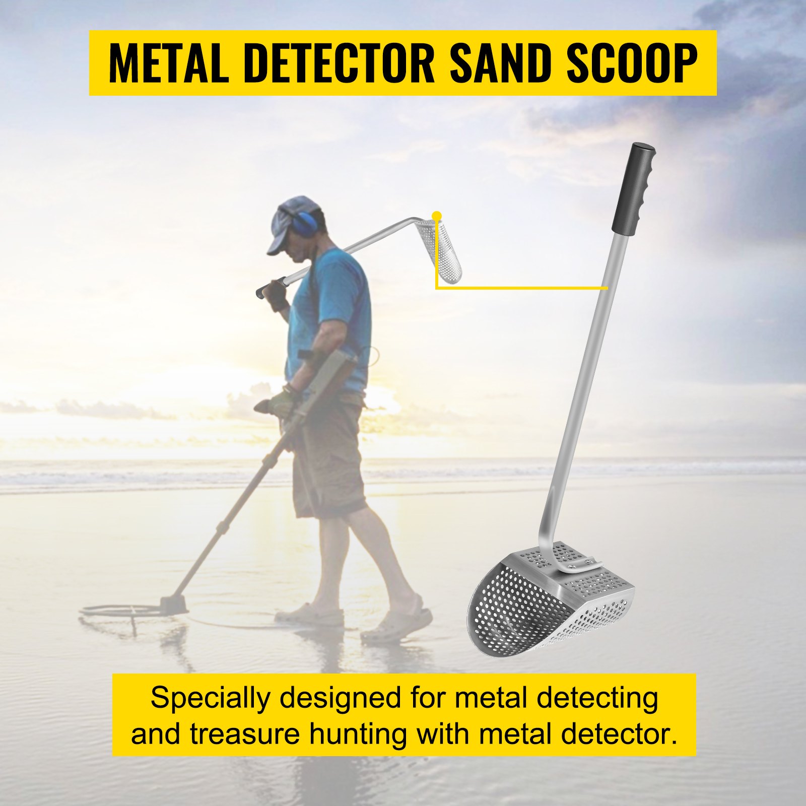 VEVOR Pala de Arena para Detección de Metales Espesor de la Pala de Arena 2 mm Agujero 10 mm Detector de Metales de Acero Inoxidable Longitud del Mango 62 cm Acero Inoxidable Tamizar Pequeñas Cosas