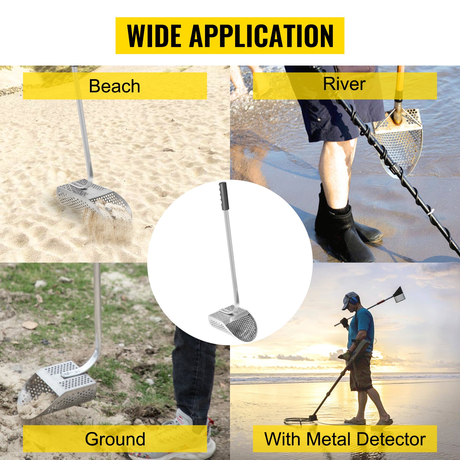 VEVOR Pala de Arena para Detección de Metales Espesor de la Pala de Arena 2 mm Agujero 10 mm Detector de Metales de Acero Inoxidable Longitud del Mango 62 cm Acero Inoxidable Tamizar Pequeñas Cosas