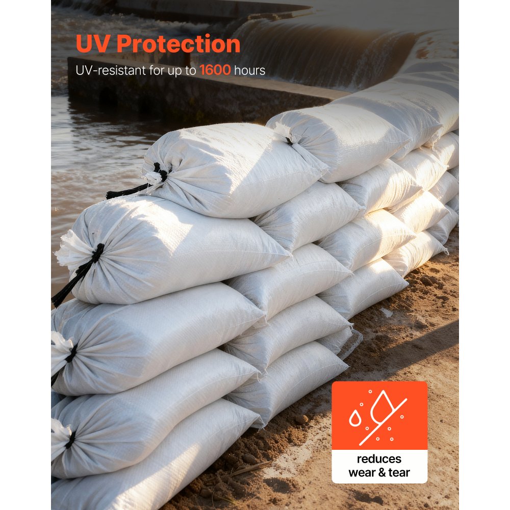 VEVOR Empty Sandbags, 100 Packs 40 x 66 cm, Heavy Duty Sand Bags Sacks with Ties, 22.6kg Capacity Woven Polypropylene Sandbags, Tear-Resistant & UV-Resistant Sand Bags for Flood Protection Barrier