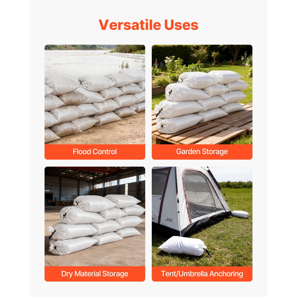 VEVOR Empty Sandbags, 100 Packs 40 x 66 cm, Heavy Duty Sand Bags Sacks with Ties, 22.6kg Capacity Woven Polypropylene Sandbags, Tear-Resistant & UV-Resistant Sand Bags for Flood Protection Barrier