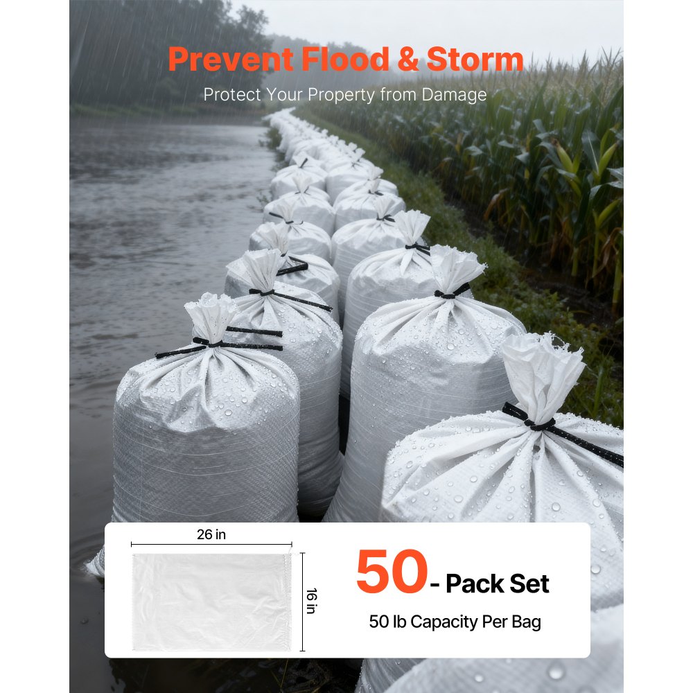 VEVOR Sacos de Arena Vacíos, con Cintas, Carga de 22,6 kg, de Polipropileno Tejido, Resistentes al Desgarro y a los Rayos UV para Barreras de Protección contra Inundaciones, 400 x 660 mm, 50 uds